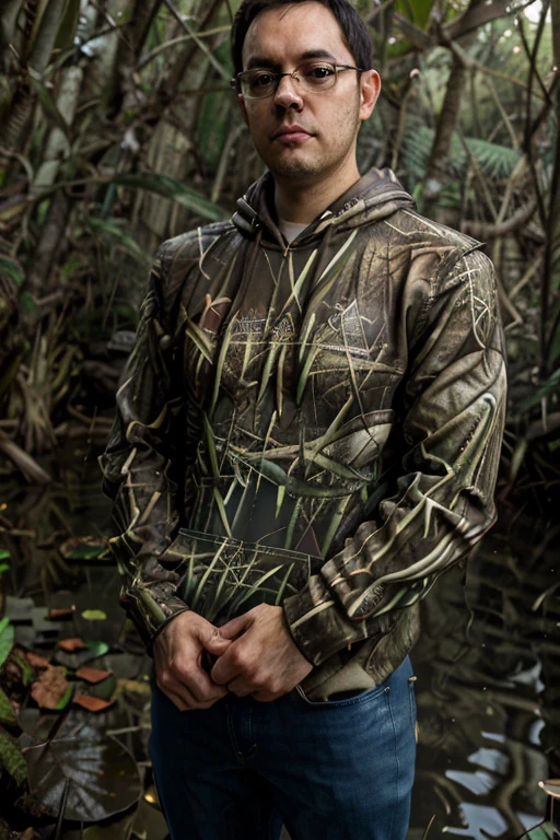 masterpiece, best quality, photo, jamesrolfe wearing a realpoly1 hoodie with jeans in a freshwater swamp forest <lora:realpoly1:.7> <lora:jamesRolfe:.7>