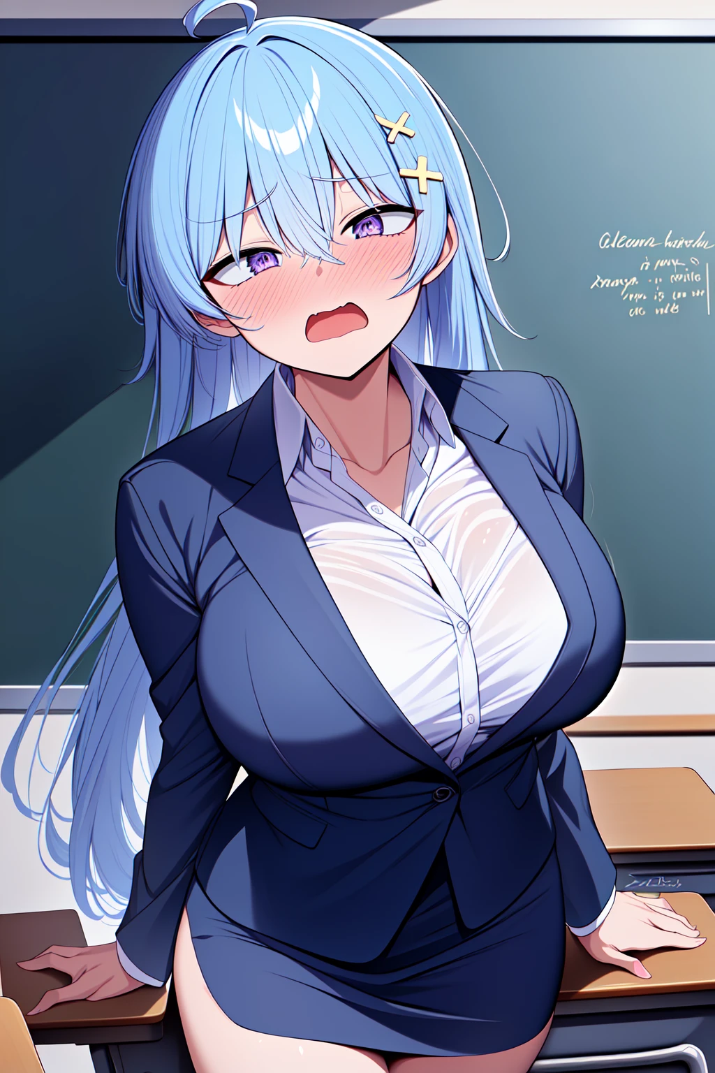 yowayowa, purple eyes, blue hair, ahoge, long hair, bangs, hair between eyes, (cross hair ornament:1.2), x hair ornament, suit, jacket, collared shirt, pencil skir, <lora:yowayowa_lora_ver3:0.7>
cowboy shot, large breasts, open mouth, embarrassed, classroom, nose blush,, best quality, masterpiece, highres, <lora:GoodHands-vanilla:1>
