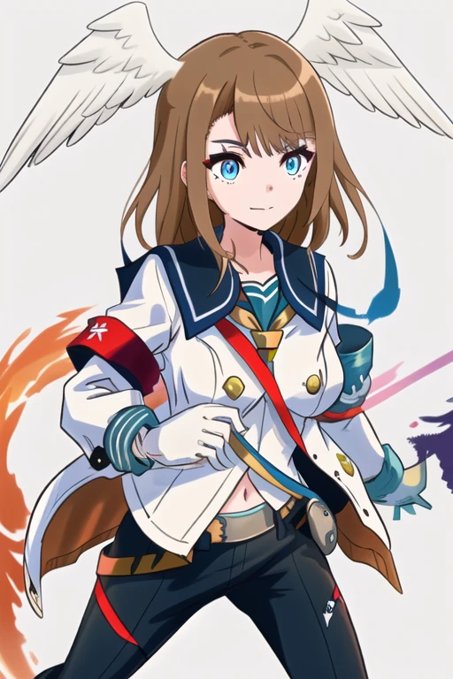 <lora:Fiona_xenoblade_3-10:0.7>, jacket, sailor uniform, white gloves, long_sleeves, armband, mitsudomoe(shape), <lora:Chara_XB3_eunie:0.8> eunie, head wings, multicolored eyes or blue eyes, brown hair, medium hair, breast tattoo/(breast tattoo:0.7),