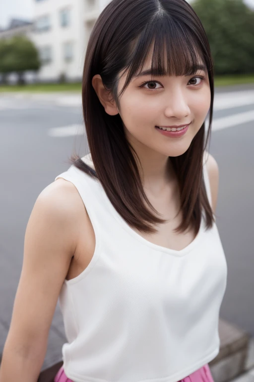 1girl, (wearing a cropped-top:1.6),(RAW photo, best quality), (realistic, photo-realistic:1.4), masterpiece, an extremely delicate and beautiful, extremely detailed, 2k wallpaper, Amazing, finely detail, extremely detailed CG unity 8k wallpaper, ultra-detailed, highres, soft light, beautiful detailed girl, extremely detailed eyes and face, beautiful detailed nose, beautiful detailed eyes,cinematic lighting,(in the city:2.4),perfect anatomy,(slender body:2.0),(close up face:2.2),(gently smile,Friendly, warm:2.0),(looking at viewer:2.0),(young japanese idol:1.8),(wavy hair:1.8), (brown eyes:2.0),(standing:2.0), (cleavage:0.8), <lora:yabushimaakane_lora-10:0.8>