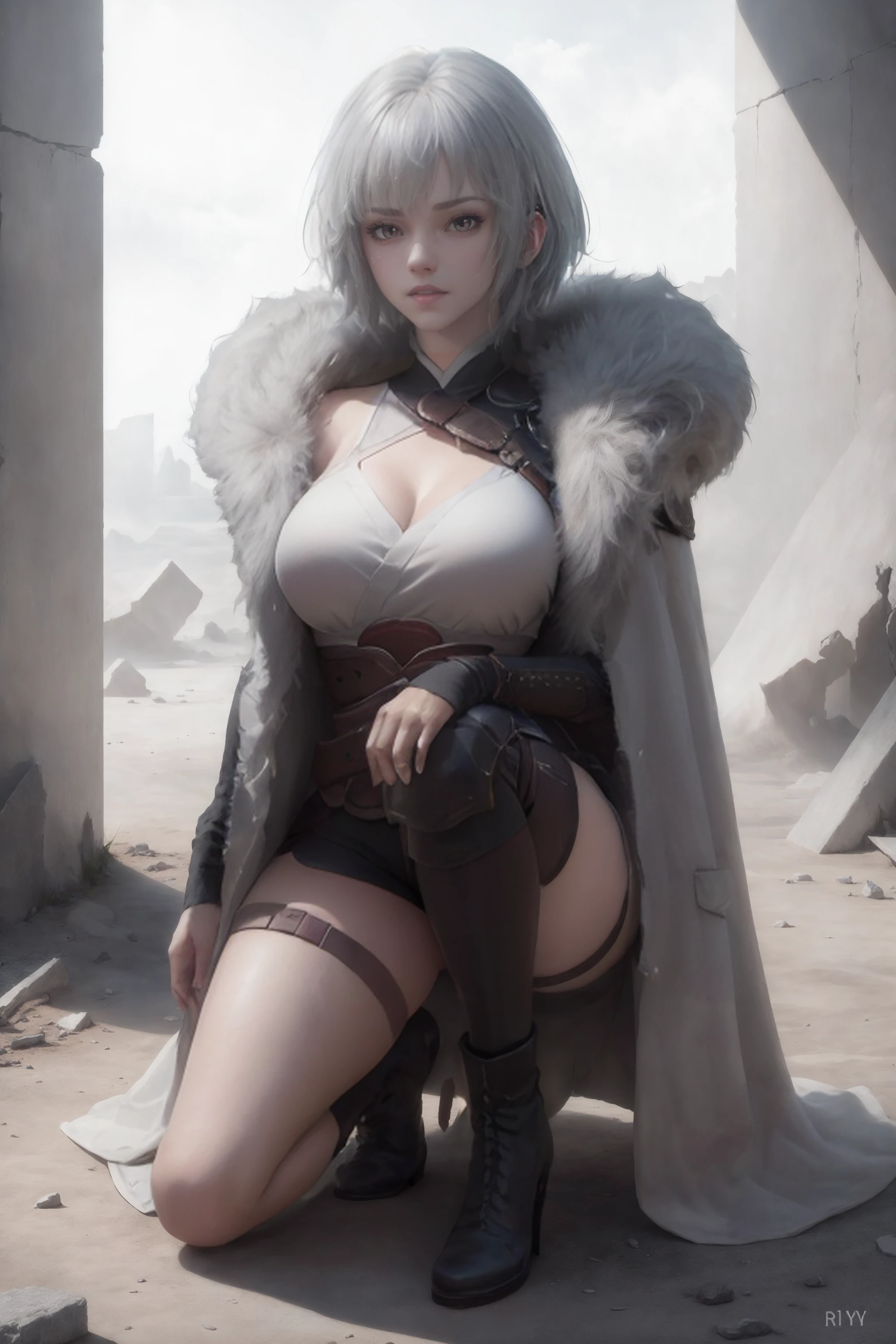 ((nsfw)),((big breasts:1)),Cyberpunk, mechanical, broken, there is a picture of a very large iceberg, cyberpunk, mechanical, broken, with a lot of snow, dungeon background, icicle background, arena background, game background, dark dark cave background,a female warrior standing up,hands up in the sky,((smile:1)),silver hair,red lips,back view,((close camera))