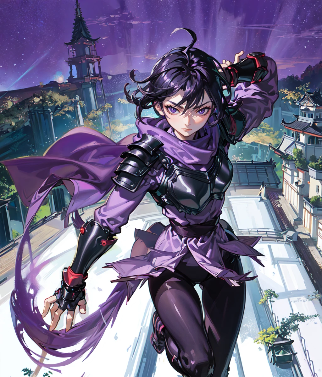 masterpiece, high res, detailed face, detailed eyes, 1 girl, solo, black hair, purple eyes, short hair, messy hair, (low tail), purple outfit, purple scarf, armor, black tights, gauntles, fingerless gloves, ninja pose, full body, cowboy shot, outdoors, ((japanese castle rooftop)) <lora:Ayame:1>