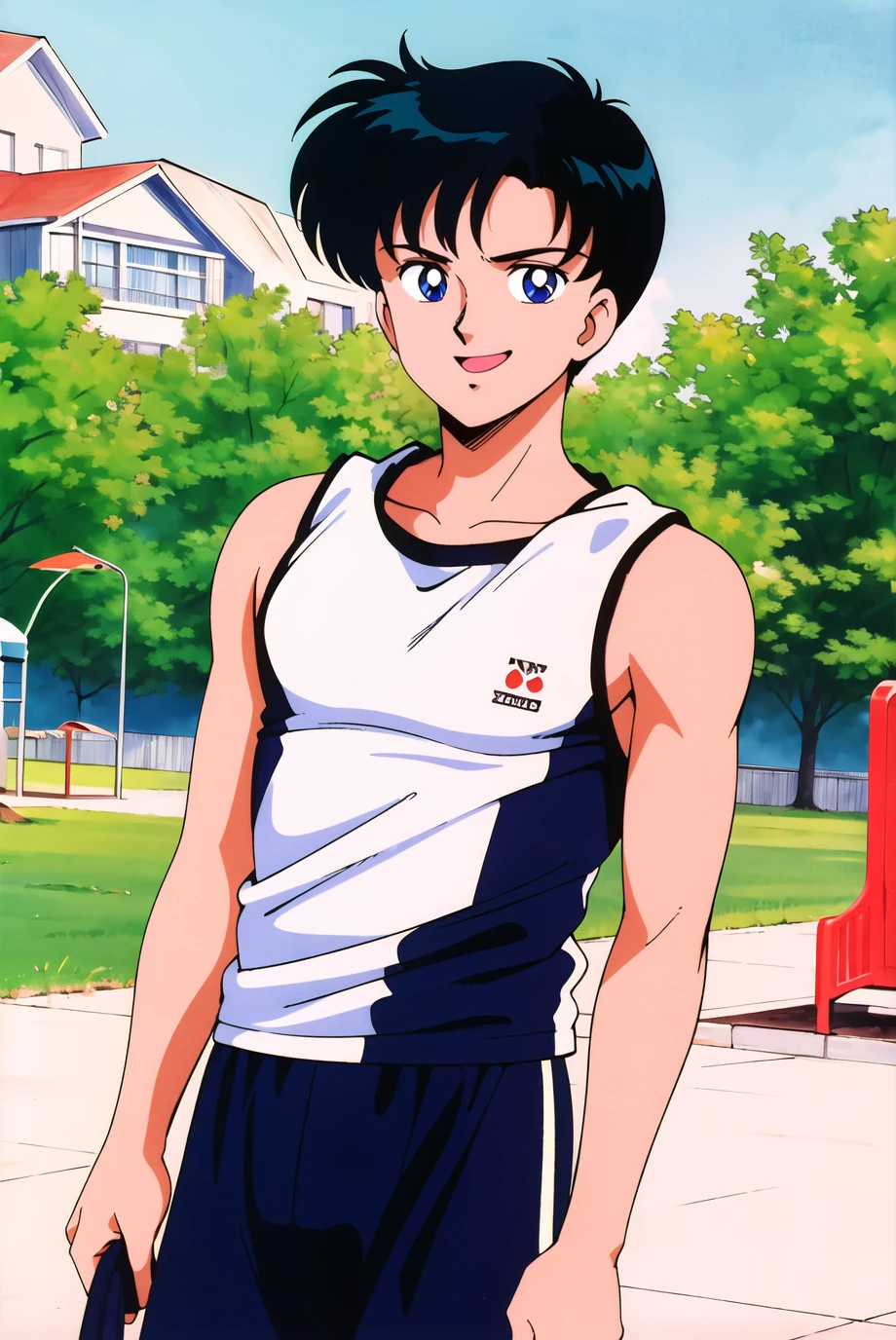 masterpiece,best quality,highres,<lora:Chiba Mamoru:0.7>,Chiba Mamoru,1boy,black hair,blue eyes,solo,retro artstyle,short hair,1990s \(style\),cowboy shot,looking at viewer,playground,happy,Men's sportswear,