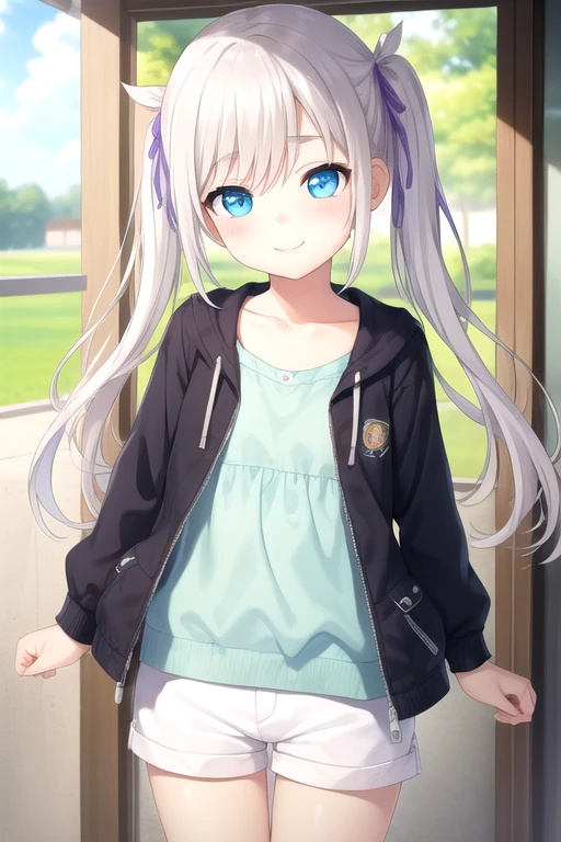((masterpiece)),(best quality),official art,extremely detailed CG,unity 8k wallpaper,ultra detailed,beautiful detailed eyes,extremely detailed face,1girl,solo,cowboy shot,looking at viewer,facing viewer,smile,standing,petite,shoujo ramune,komako semenovich,white hair,long hair,twintails,hair ornament,hair ribbon,purple ribbon,eyebrows,bangs,blue eyes,collarbone,hoodie,shirt,clothes writing,short sleeves,white shorts,sandal,<lora:Komako Semenovich(sr)>,