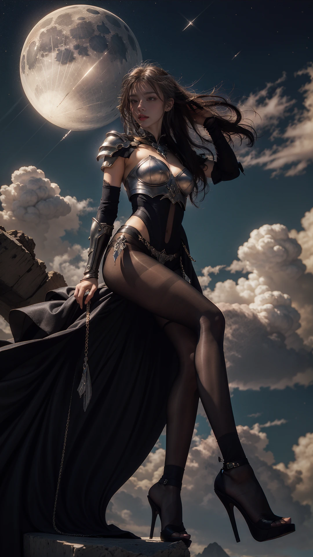 tutututu,black pantyhose,high heels,
((best quality)),((masterpiece)),(detailed),alluring demon girl,glowing armor,ethereal beauty,perched on a cloud,(fantasy illustration:1.3),enchanting gaze,captivating pose,otherworldly charm,mystical sky,(Luis Royo:1.2),(Yoshitaka Amano:1.1),moonlit night,soft colors,(detailed cloudscape:1.3),(high-resolution:1.2),
<lora:merged_0024:0.7>,