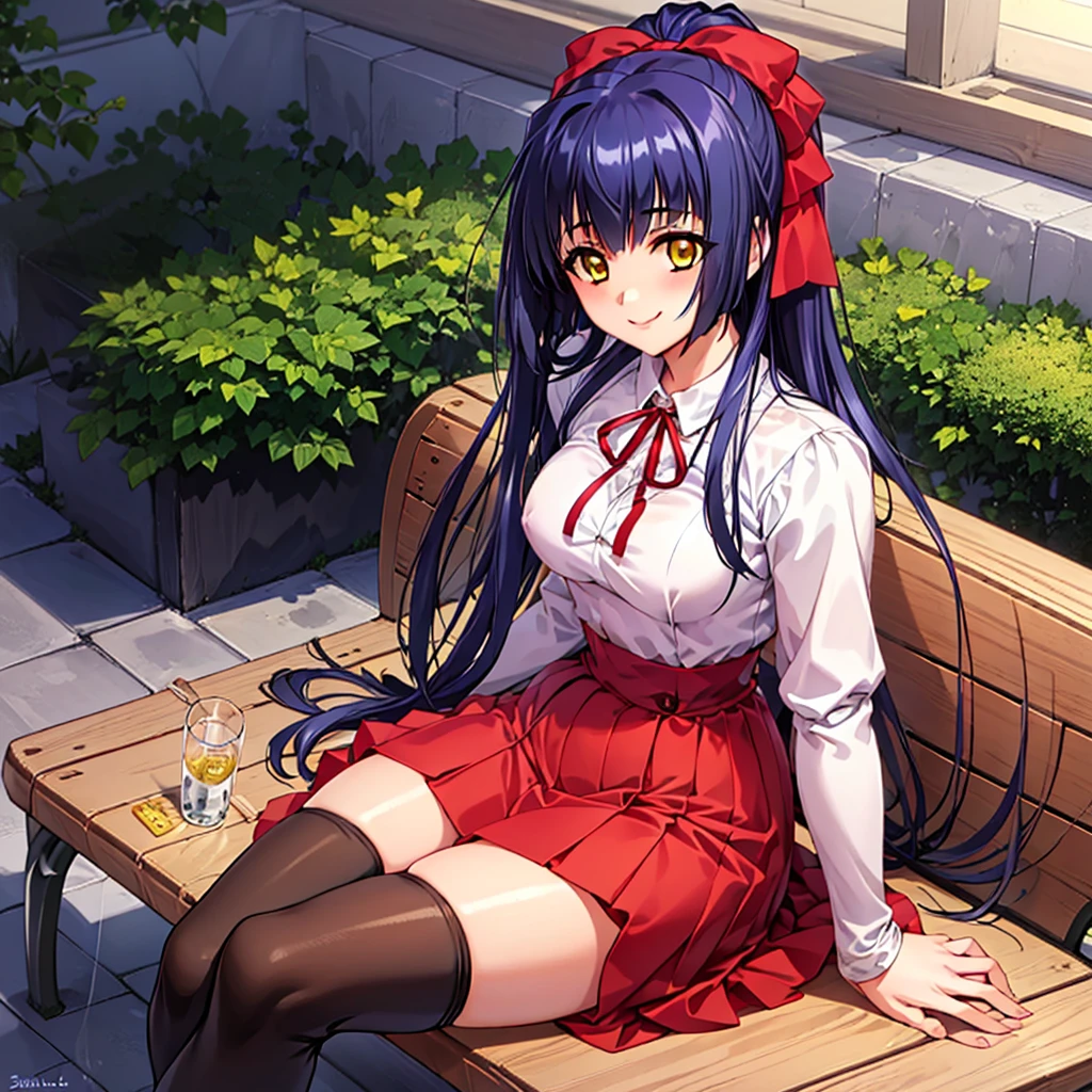 ((masterpiece)),((best quality)),((high resolution)),((caustics)),((detailed)),1girl sitting on bench,anime colored,outside, bench,  eye contact,  smile,  
<lora:suzunaV1:0.6>,suzuna_kuraki,purple_hair,very_long_hair,hair_ribbon,pony_tail,yellow_eyes, red_ribbon, cloth,thighhighs, skirt,long sleeves,