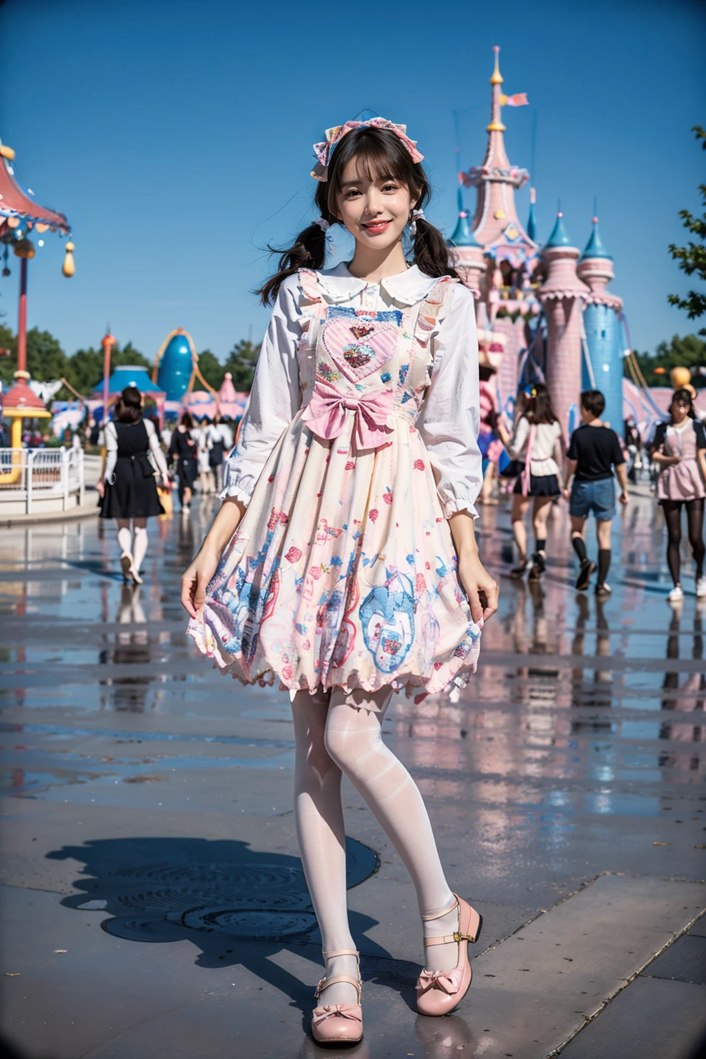 best quality, masterpiece, realistic, photorealistic, 1girl, solo, looking at viewer, smile, full body, standing, low twintails, hair bow, hair hair ornament, hair ribbon, bangs, (in amusement park:1.6), night, light, people, cyb dress, white shirt, pinafore dress, print dress, white pantyhose, shoes, <lora:sweet_attire_style3_v1:0.7>