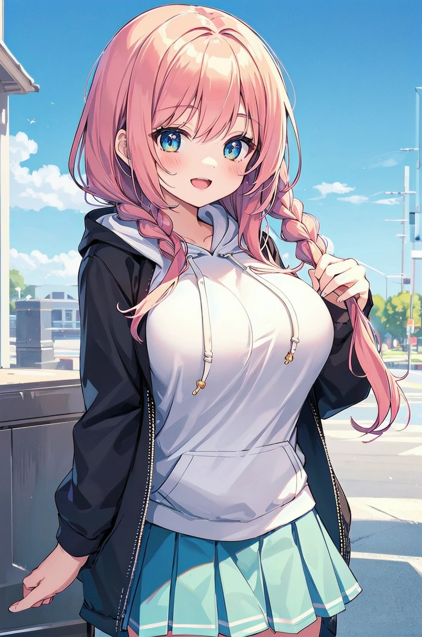 1girl,braids,((white),(hoodie)),(mini pleated skirt),huge breasts,happy,
(beautiful background illustration),