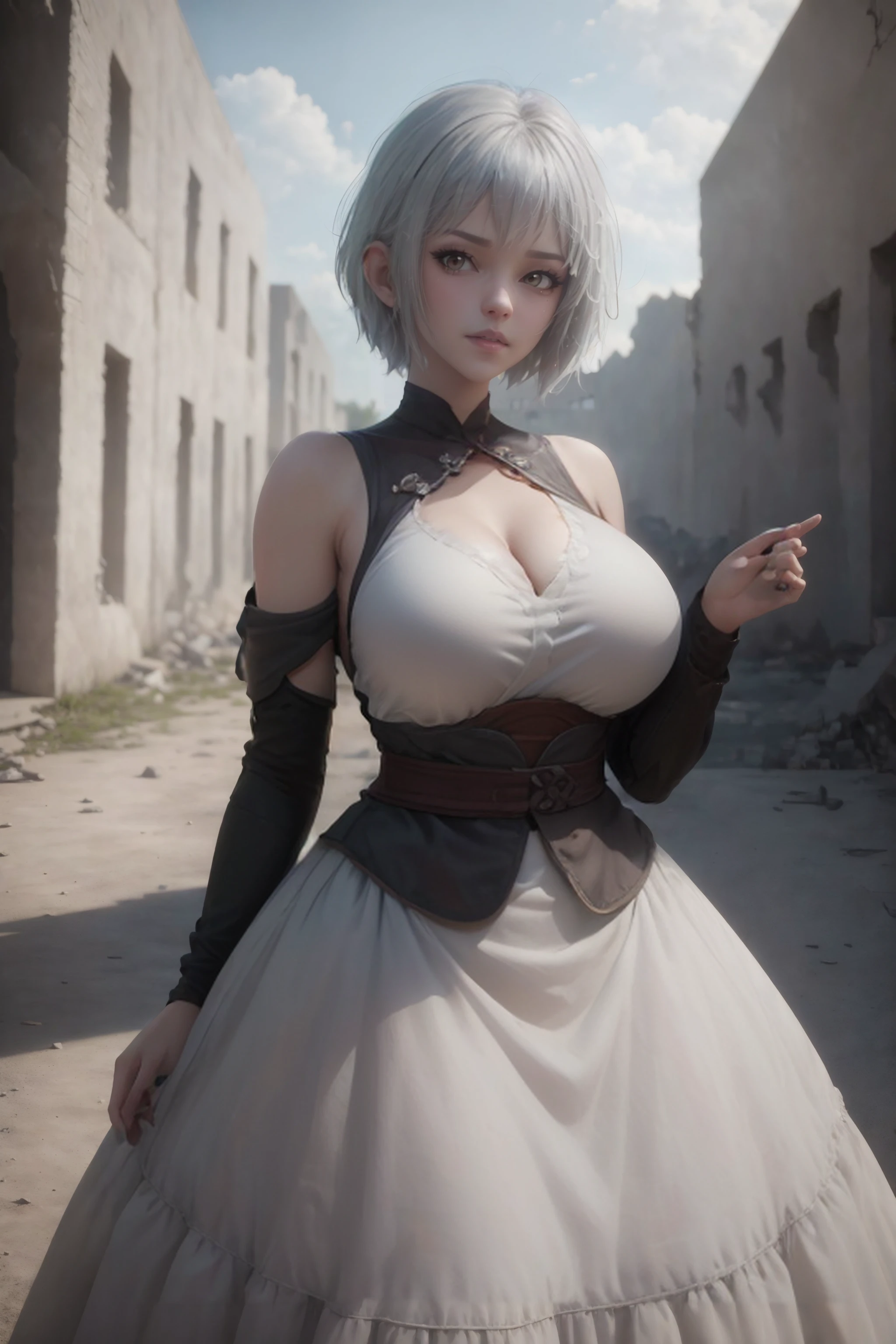 baiyuekui,solo,full body,dress,
outdoors,War ruins,
narrow waist,wide hips,large breasts,white hair,short hair,
(photorealistic:1.4),(masterpiece,best quality,ultra_detailed,highres,absurdres:1.2),
<lora:neg4all_bdsqlsz_V3.5:1>,<lora:baiyuekui_SD15_V3:0.7>,