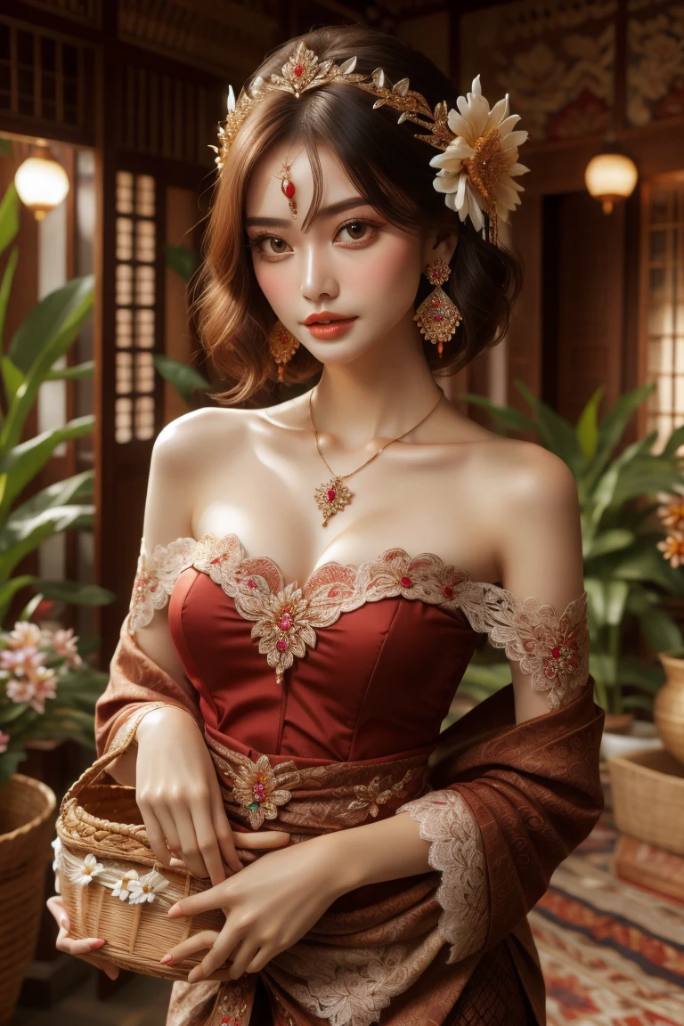 1girl, bangs, bare arms, bare shoulders, black hair, blurry, breasts, brown eyes, brown hair, collarbone, curly hair, dark-skinned female, day, depth of field, detached sleeves, dress, earrings, fine art parody, flower, forehead mark, gem, hair flower, hair ornament, headdress, holding basket, indonesian atmosphere, indoors, jewelry, lace, lips, makeup, big breasts, necklace, nose, off shoulder, realistic, red dress, red lips, rug, short hair, solo, strapless, strapless dress, upper body