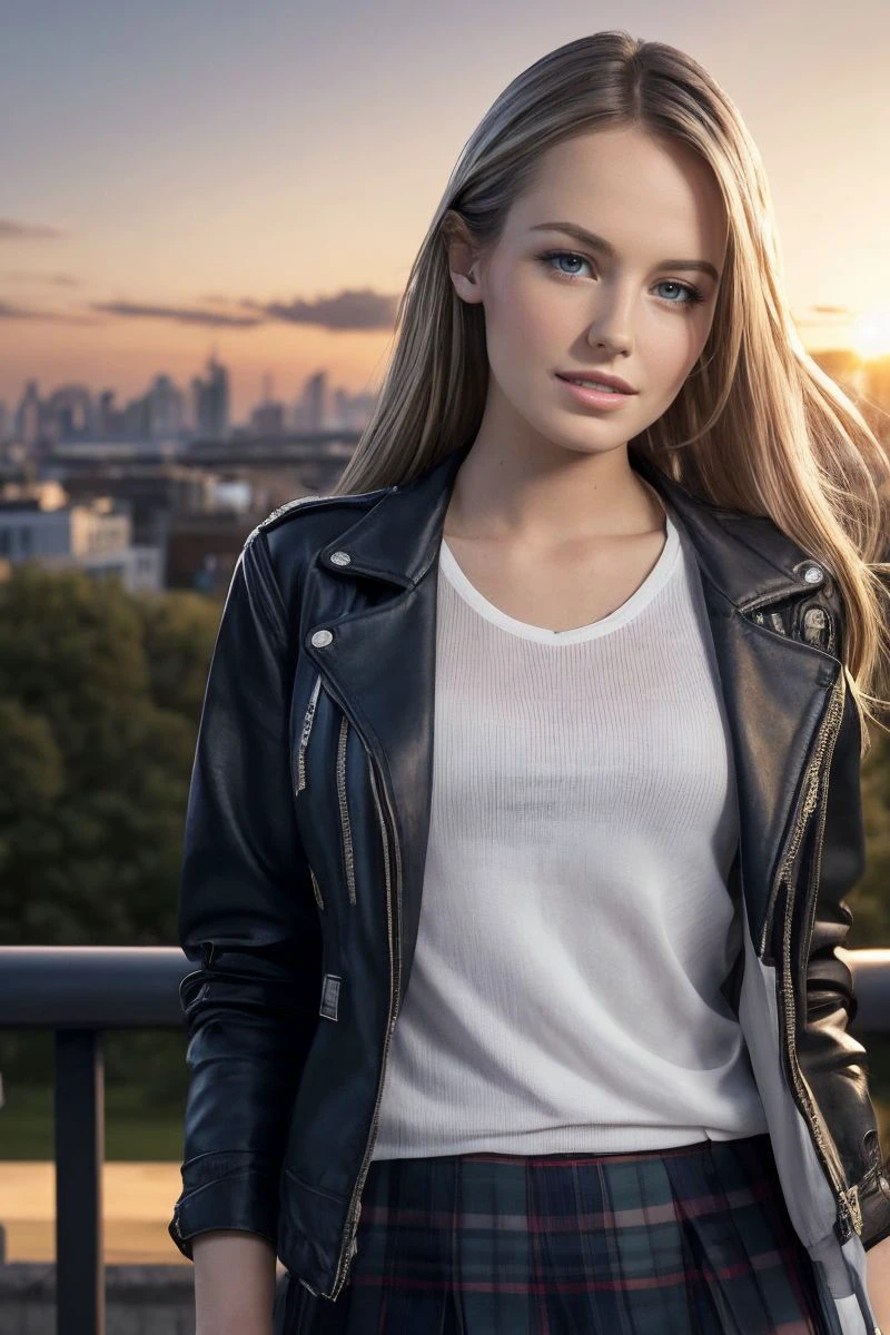 photo of S300_ScarlettSage,a stunning woman,in a (park:1.1),wearing a (jacket:1.1) and a (skirt),(sunset),(4k, RAW photo, best quality, depth of field, ultra high res:1.1),(absurdres, intricate, photorealistic, masterpiece, ultra-detailed:1.1),