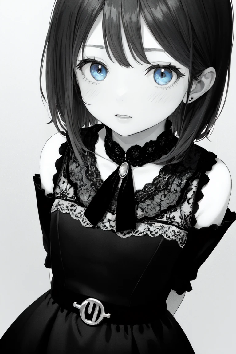 masterpiece, best quality, detailed, 1girl, close up,brown hair, blue eyes, brooch, laces, frilled sleeves, dress, village, arms behind back,greyscale with colored background