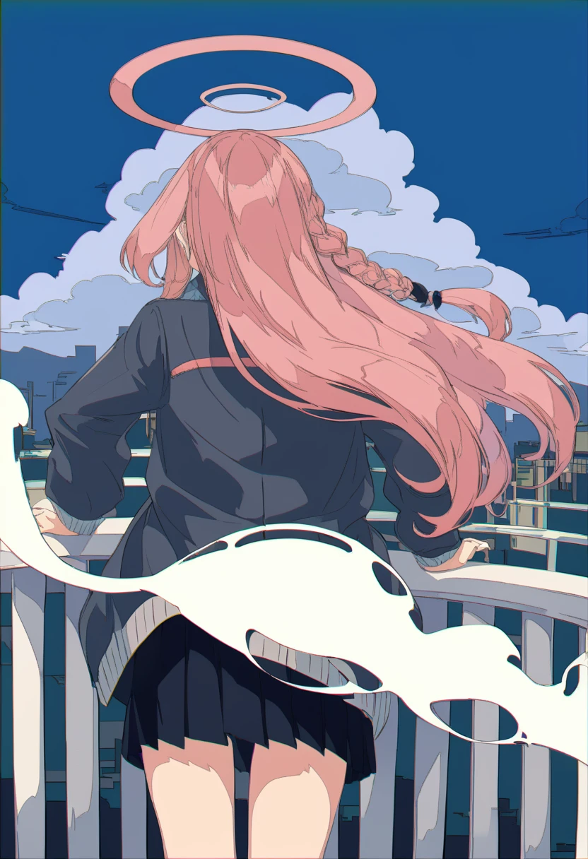 masterpiece, best quality, <lora:BARD713XL_V1:1> 1girl, solo, braid, long hair, pink hair, jacket, railing, from behind, sky, long sleeves, cloud, glitch, facing away, virtual youtuber, halo, skirt, outdoors, floating hair, smoke, building
