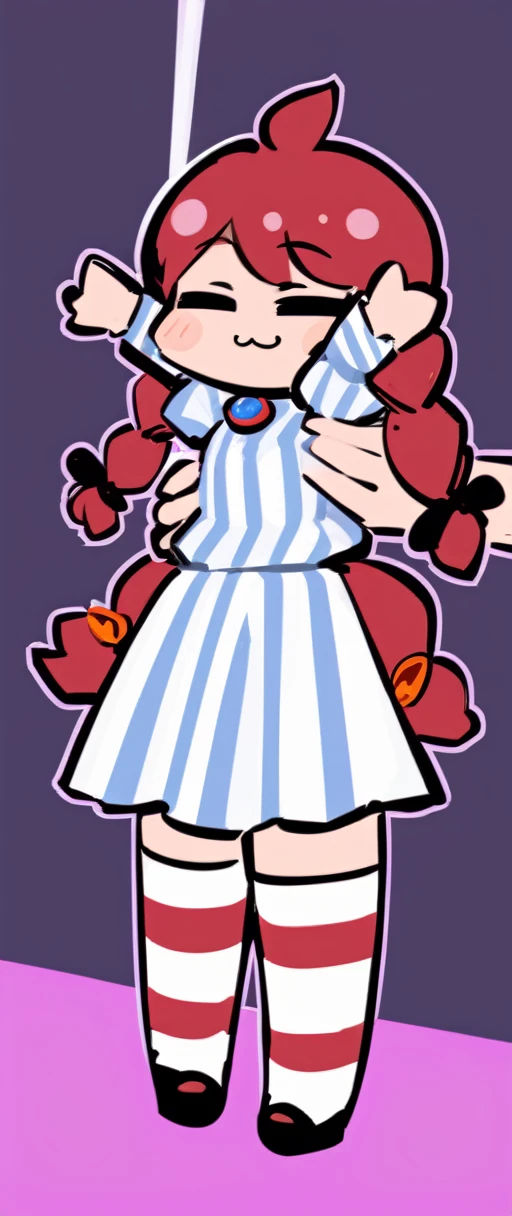 IncrsXLLCM, full body, holding, chibi, solo, 1girl, ffwendys, :3, twin braids, striped dress, striped sleeves, puffy sleeves, striped thighhighs, masterpiece, best quality, rating: general, newest <lora:fastfood_wendys_xl-000004:0.9> <lora:LongCatMemeXL:1.3>