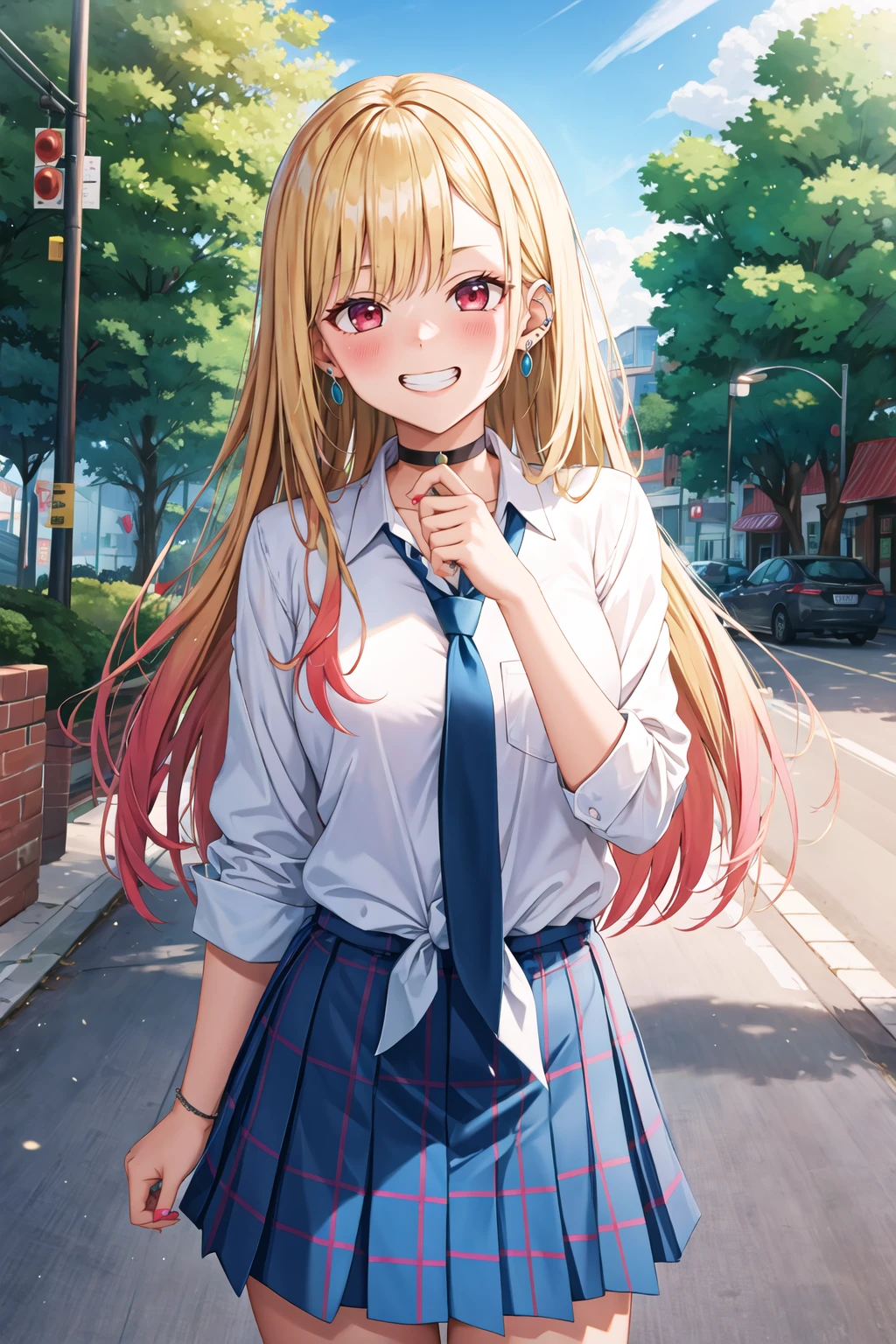 masterpiece, best quality, highres, kitagawa marin, 1girl, blonde hair, long hair, multicolored hair, red eyes, jewelry, earrings, piercing, school uniform, white shirt, tied shirt, black choker, blue necktie, plaid skirt, <lora:kitagawa_marin_v1-1:0.7>, grin, smile, standing, cowboy shot, outdoors, blue skirt <lora:Kusana-style-000039:1>