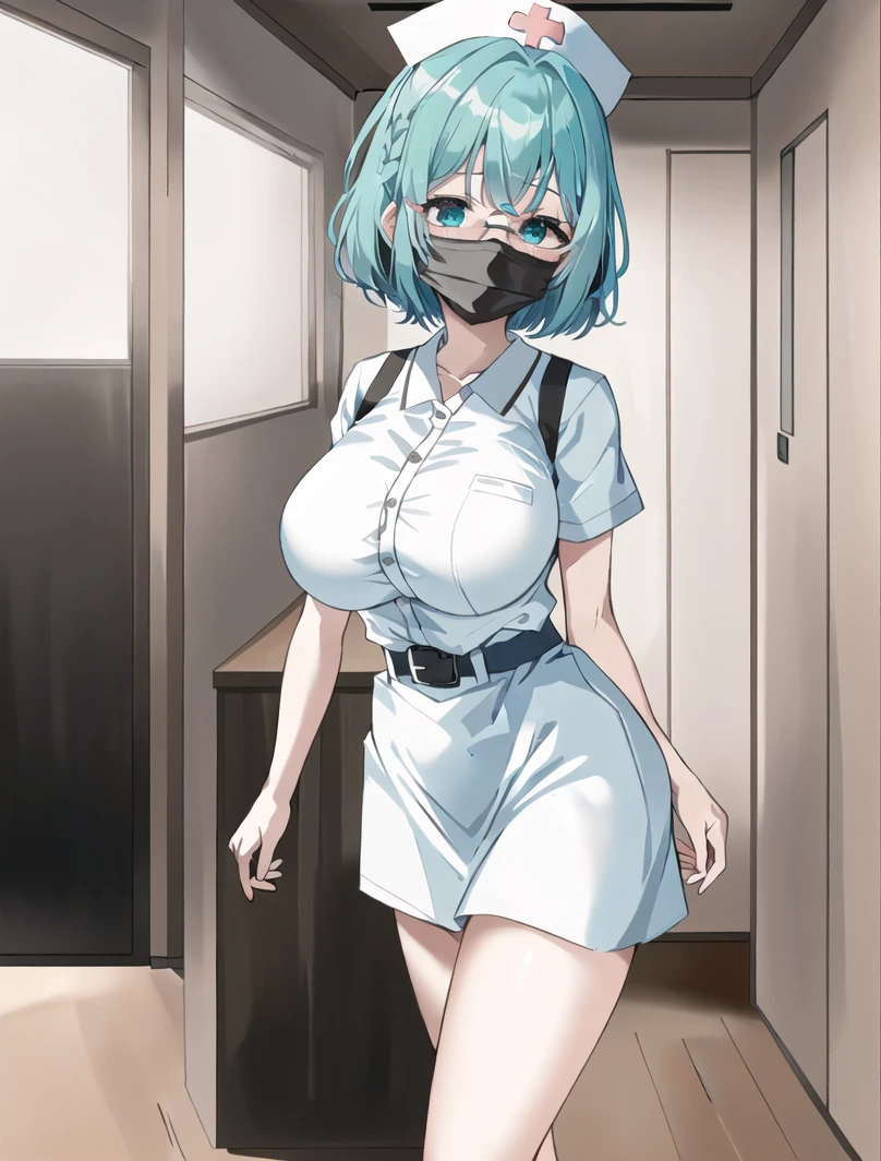 ((masterpiece, best quality, high quality)),1girl, (lower body, hospital), <lora:Old_nurse_3dg:0.5> (nurse_uniform_big, mask, nurse cap, mouth mask, nurse, surgical mask, elbow gloves), <lora:Sachie Uchiyama:0.7> (Sachie Uchiyama, 3dcg 11, 1girl, short hair, large breasts, hair between eyes, glasses, single braid, aqua_eyes, aqua_hair, pale_skin, pale-skinned female, bob cut, big hair),