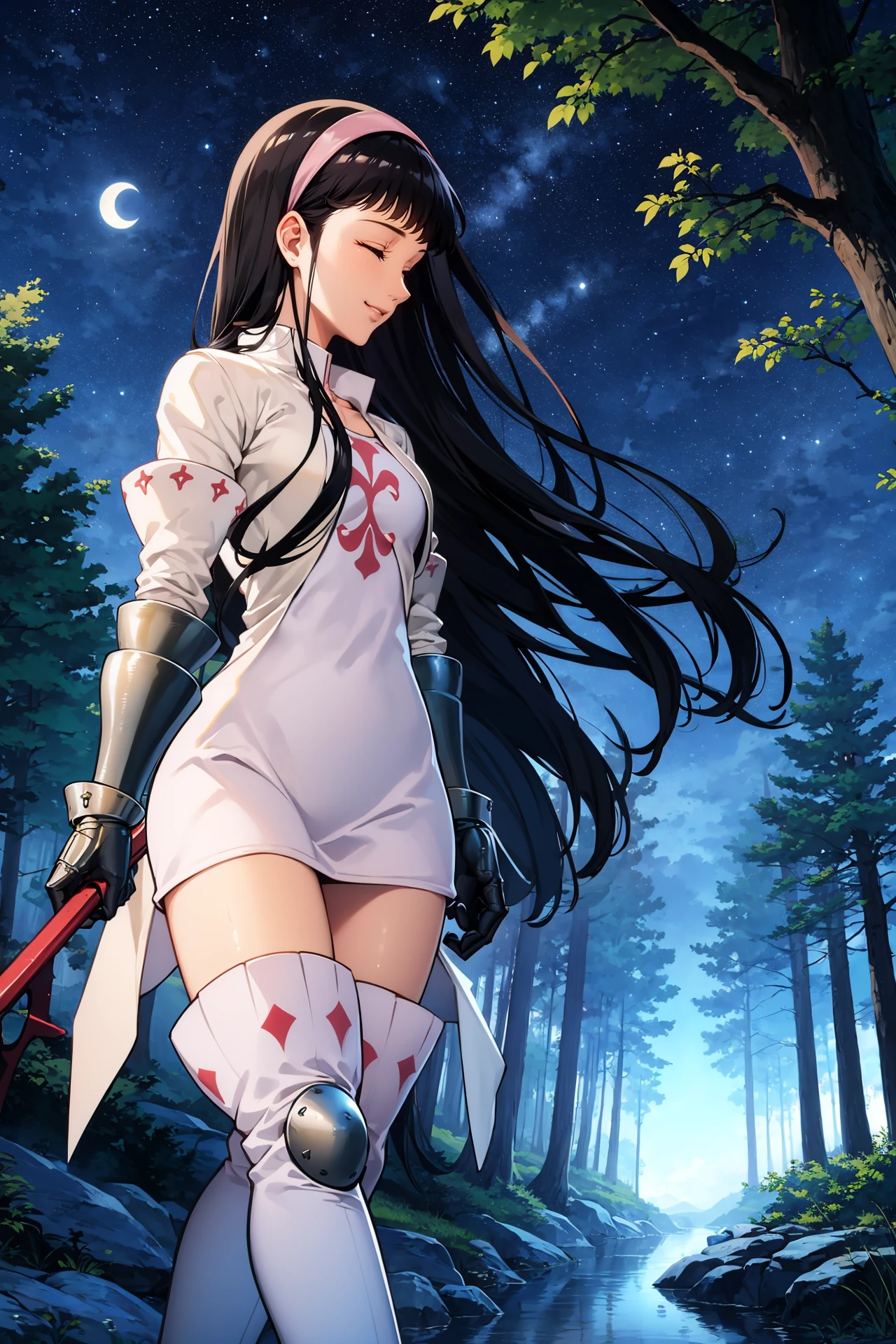 masterpiece, best quality, <lora:guila-nvwls-v1-000009:0.9> guila, closed eyes, hairband, cropped jacket, white jacket, white dress, short dress, gauntlets, thigh boots, walking, profile, smile, forest, night sky, moonlight, dense canopy