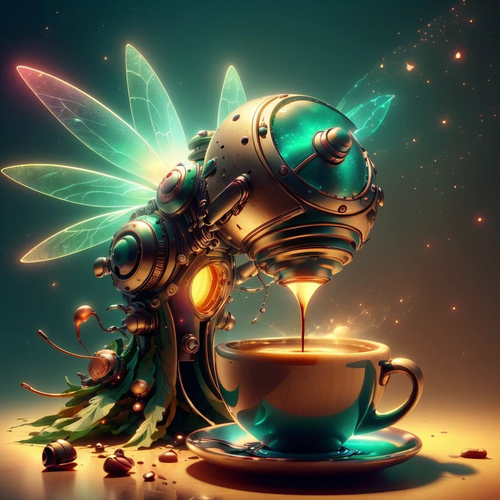 <lora:FaeTech-30:0.8>, faetech ,scifi, pixie dust, iridescent, 
coffee machine,coffee mug, bright background