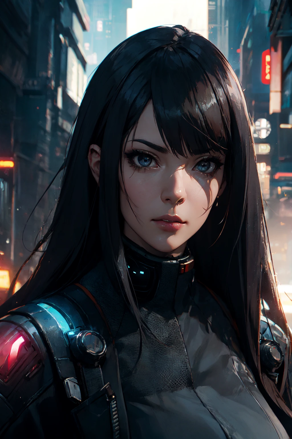 1girl, solo, detailed face, perfect face, perfect eyes, realistic eyes, perfect fingers, Character design, beautiful woman, netrunner, hacker, Ghost in the Shell, Bladerunner 2049, Cyberpunk 2077, cybernetic implants, sci-fi, cyberpunk esthetic, cyberpunk background, long hair, black eyes, breasts, <lora:PulenKompot-Hitomi-T-v2-urpmv1.3:1> hitomi-t