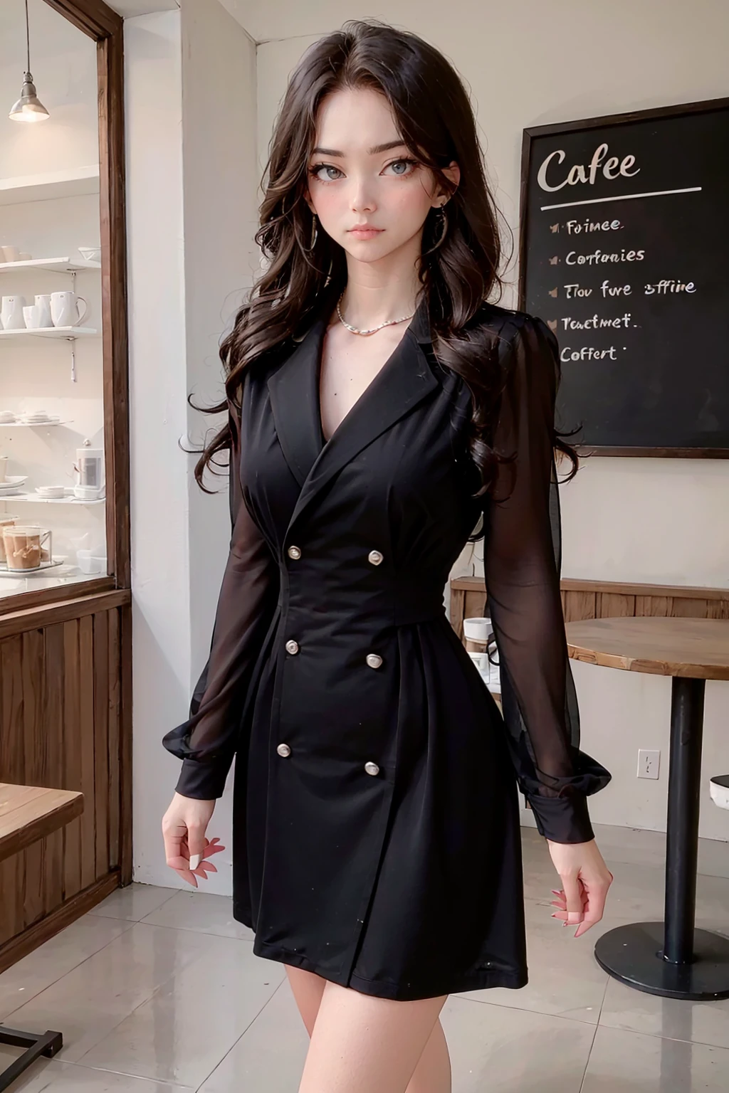 absurdres,  highres,  ultra detailed,  extremely detailed fine touch,  (ultra detailed 1woman),  model,  1woman,  BzTrenchd,  trench dress,  long sleeves,  heeled sandals,  mesmerizing designs,  cafe,  coffee shop,  standing, death stare,  sexy pose,  slender body,  tight dress,  (semi realistic,  shining skin)