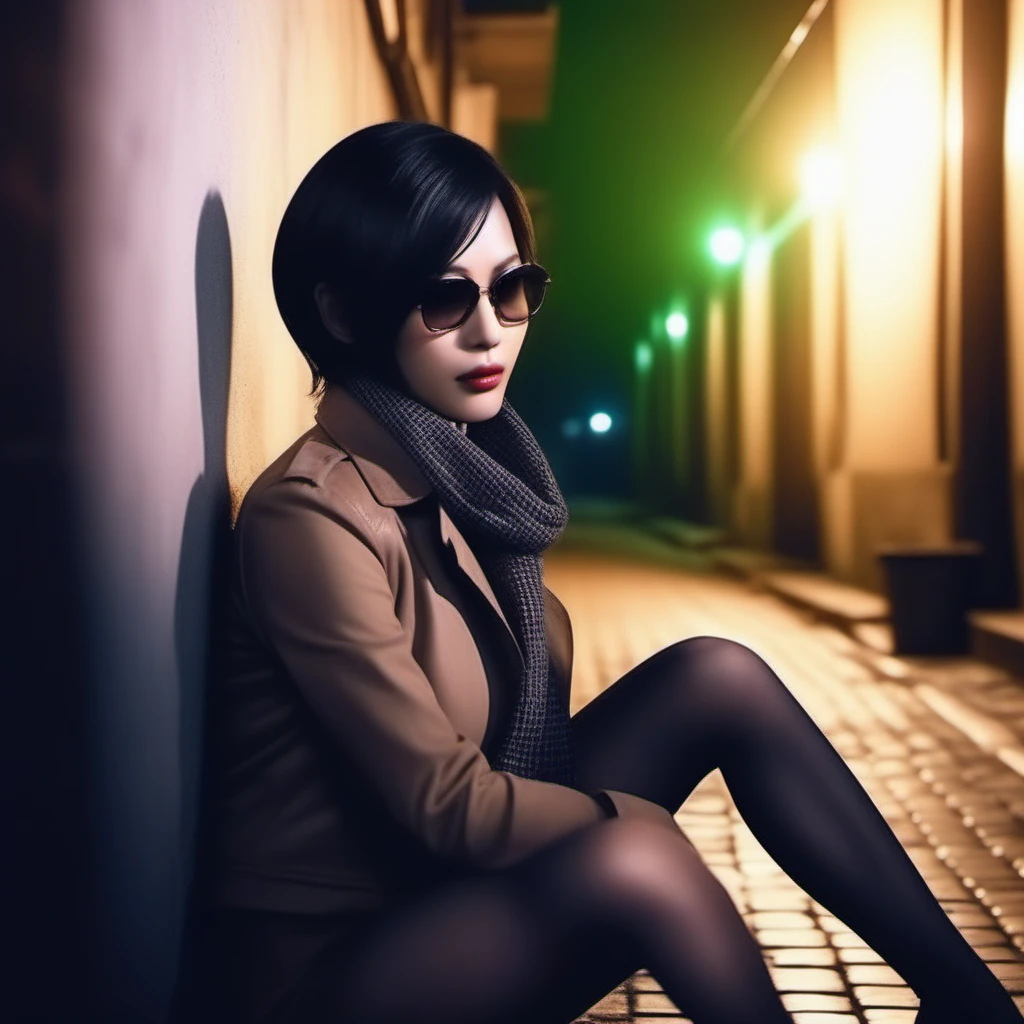 Ultra-realistic extremely detailed real life 8k masterpiece of a gorgeous asian woman re ada wong <lora:re ada wong:0.7> wearing black pantyhose tan incognito coat with checked scarf and sunglasses in a dark alley at night, extremely detailed facial features, dark scary epic lighting, horror composition