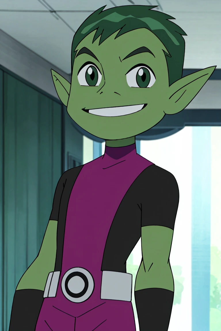 <lora:Alola_Style:0.65>,((masterpiece,best quality)), absurdres, <lora:BeastBoy_TeenTitans:0.8>, BeastBoy_TeenTitans,   1boy, solo, green eyes, green hair, green skin, colored skin, pointy ears,  purple bodysuit, solo, smiling, looking at viewer, cowboy shot,