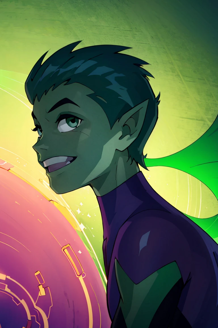 ((masterpiece,best quality)), absurdres, <lora:BeastBoy_TeenTitans:0.8>, BeastBoy_TeenTitans, 1boy, solo, green eyes, green hair, green skin, colored skin, pointy ears, purple bodysuit, solo, smiling, looking at viewer, side view,