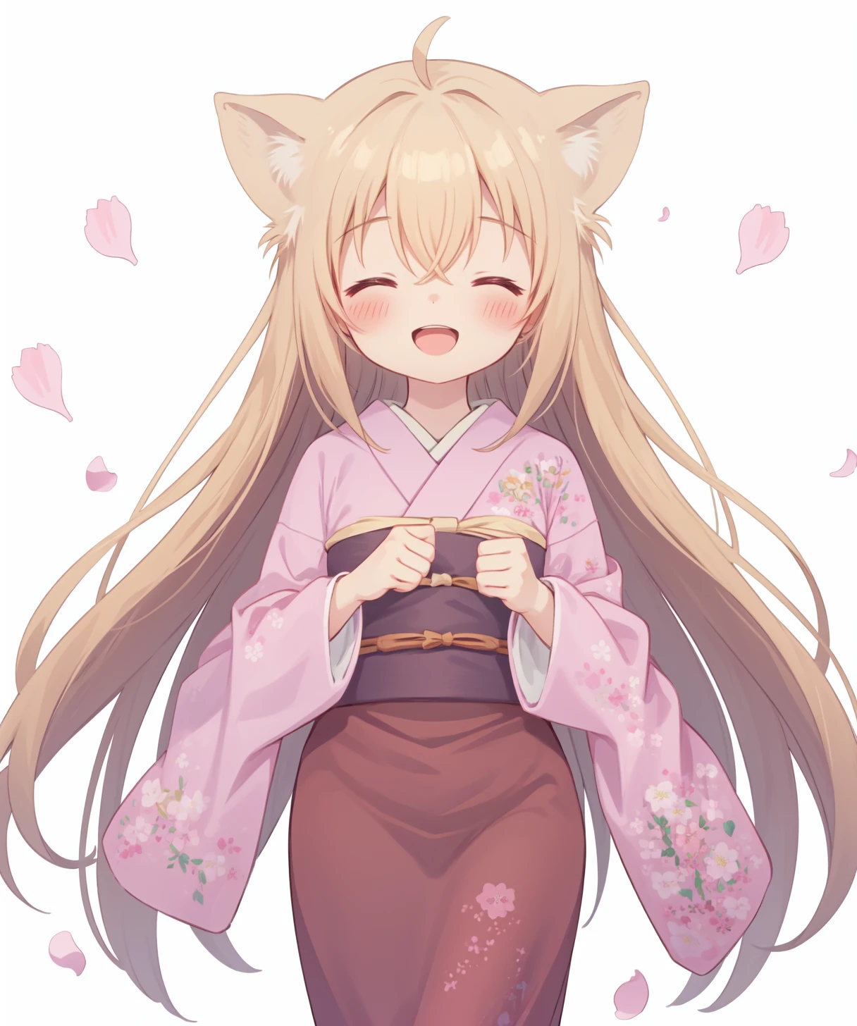 <lora:yuzu (konohara kitan):1> yuzu \(konohana kitan\),  1girl, solo, long hair, hair between eyes, ahoge, closed eyes, upper teeth only, blush, open mouth, :d, holding, facing viewer, white background, petals, long sleeves, wide sleeves, obi, pink kimono, hakama skirt