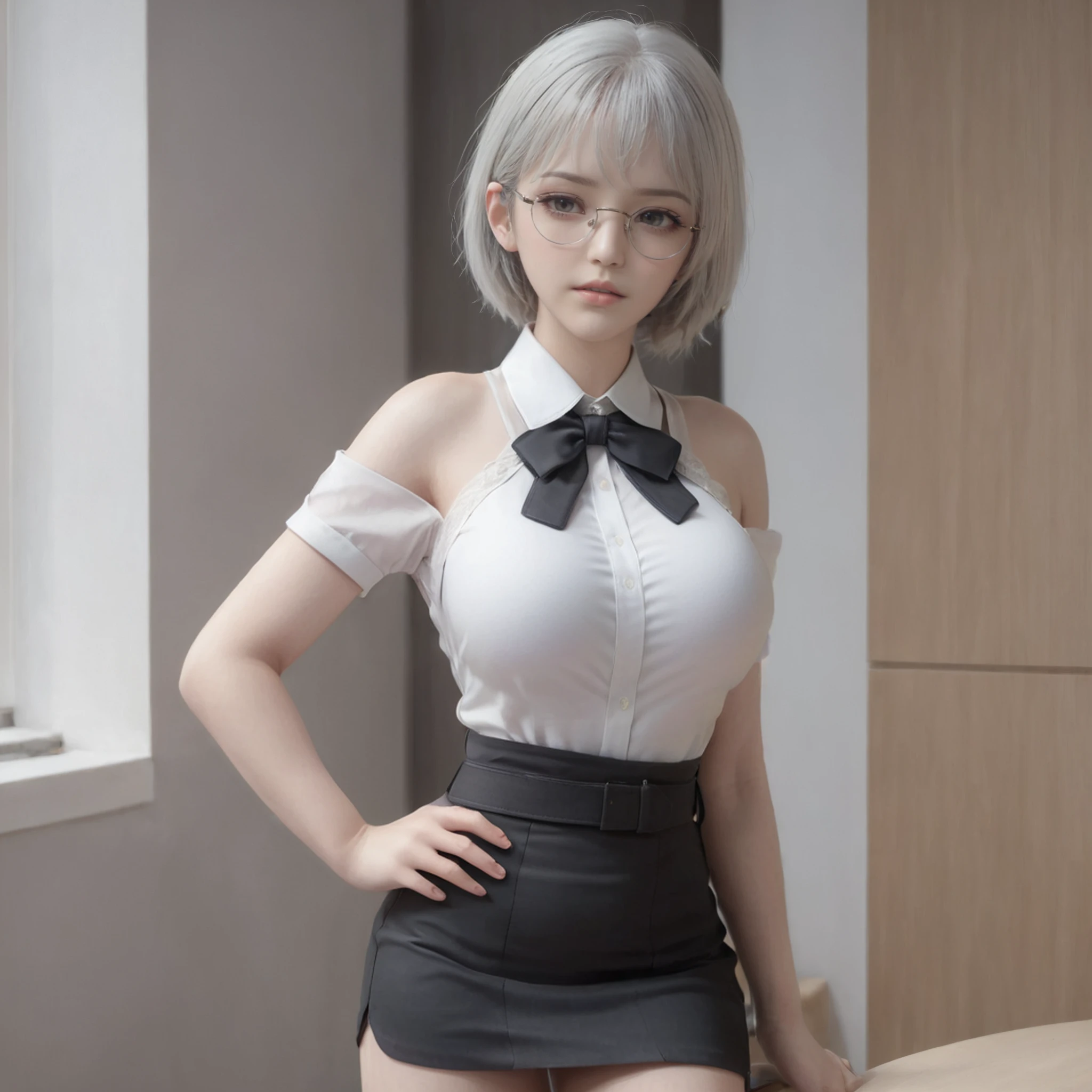 baiyuekui,solo,round glasses,full body,indoors,sexy pose,looking at viewer,high heels,office lady,shirt,package hip skirt,black uniform,office uniform for women,thighhighs,bowknot,
narrow waist,wide hips,large breasts,white hair,short hair,long legs,thighs,
best quality,ultra-detailed,masterpiece,finely detail,highres,(photorealistic:1.4),
<lora:neg4all_bdsqlsz_xl_V7:1.4>,<lora:baiyuekui_V5:0.65>,