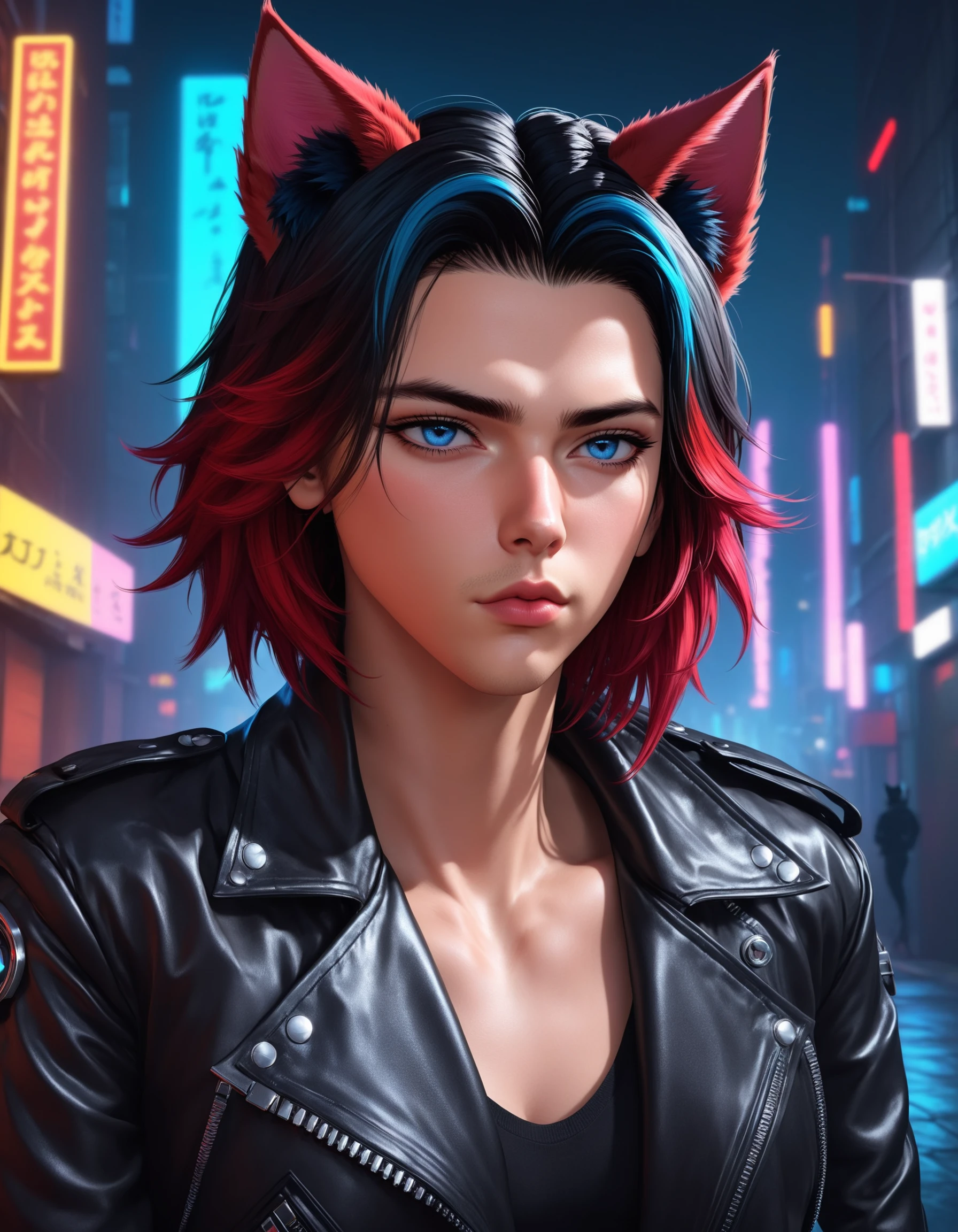 1boy, Criss X'voor, solo, blue eyes, animal ears, cat ears, multicolored hair, gradient hair, black hair, red hair, parted lips, jacket, pouting, lips, leather, leather jacket, looking at viewer, cyberpunk, cinematic lighting, cinematic angle, masterpiece, best quality