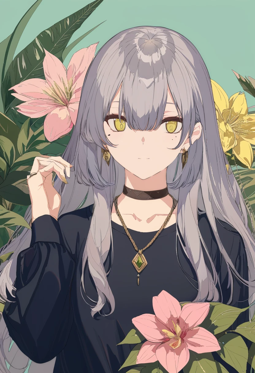 masterpiece, best quality, <lora:BARD713XL_V1:1> 1girl, solo, flower, long hair, yellow eyes, looking at viewer, jewelry, grey hair, mole under eye, leaf, necklace, shirt, mole, plant, aqua background, yellow flower, upper body, black shirt, closed mouth, hand up, expressionless, bangs, pink flower, choker, hair between eyes, simple background