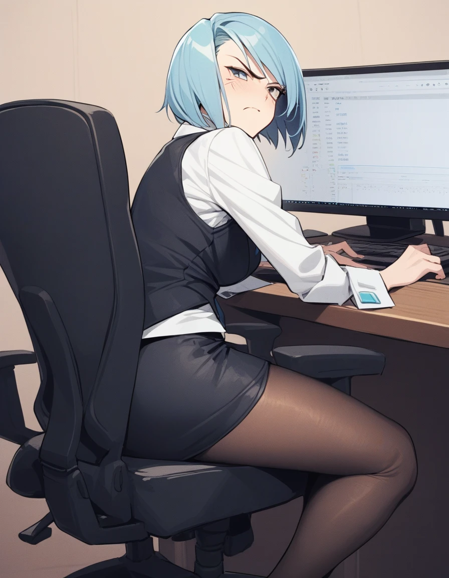 <lora:franziska-xl-000003:1> franziska von karma,
vest, white shirt, pencil skirt, pantyhose,
1girl, computer, office chair, annoyed,
best quality, masterpiece