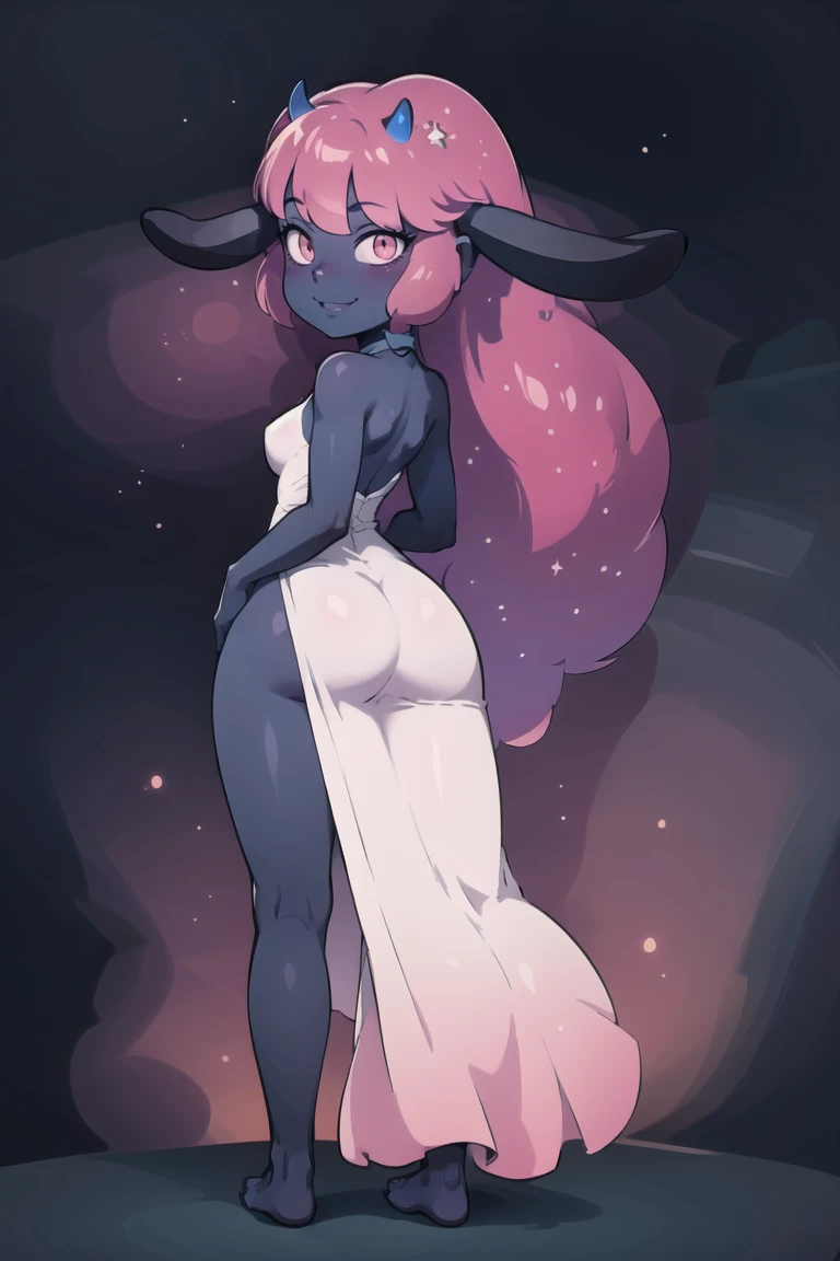 ((masterpiece,best quality)), absurdres,
<lora:Daedream_Palworld:0.8>, Daedream_Palworld,
1girl, black skin, blue horns, glowing pink hair, starry sky, glowing, pink eyes, gradient hair, purple hair, starry hair, animal ears, long ears, purple skin,
looking at viewer, blush, smile, simple background, full body, barefoot, shiny, shiny hair, feet, legs, shiny skin, happy, space background, outline, big hair, (white dress:1.1),
hand on hip, contrapposto, hip to the side, (from behind,:1.2)