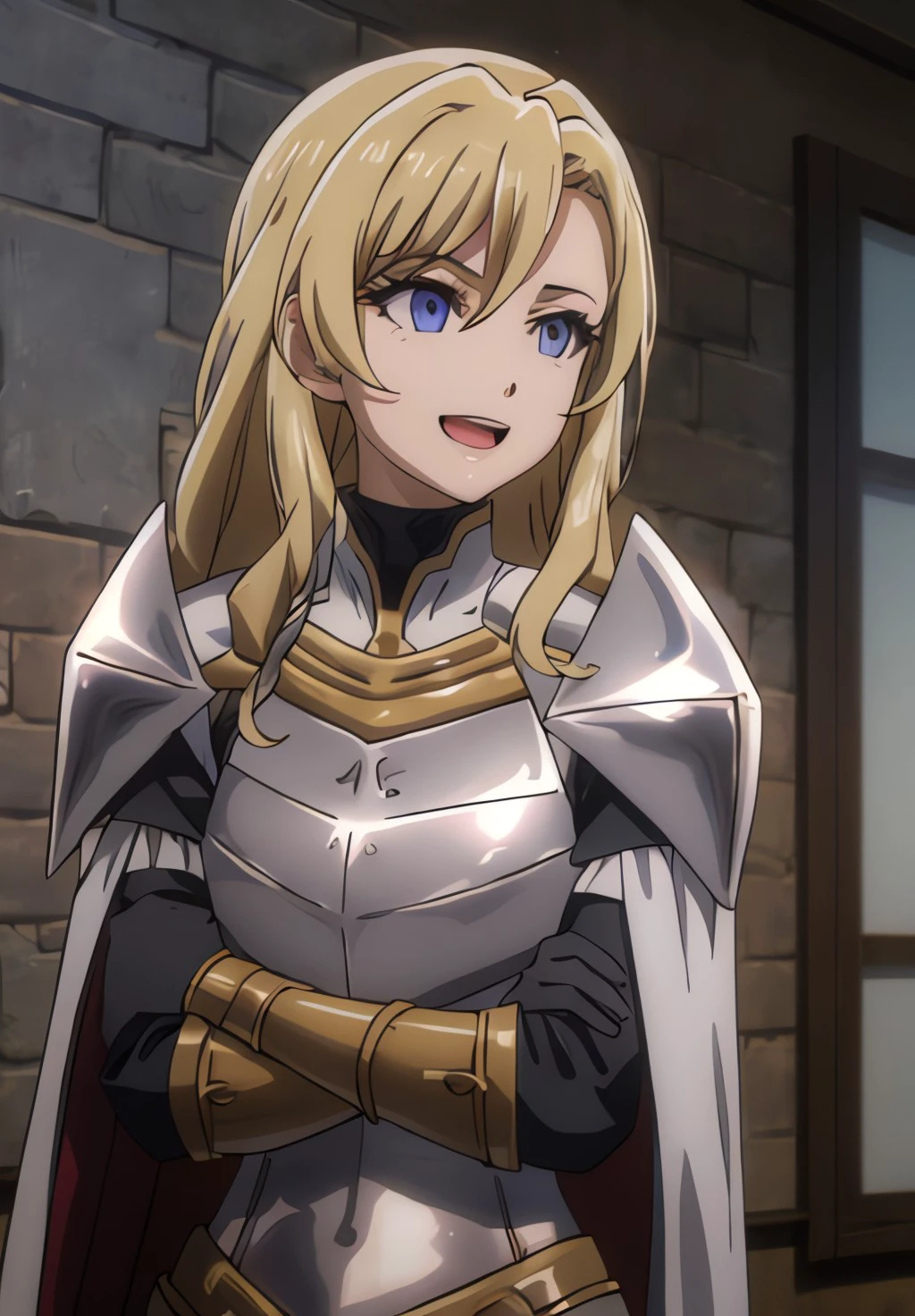 <lora:GoblinSlayer:0.8>, GoblinSlayer, FemaleKnight, solo, looking at viewer, smile, open mouth, blue eyes, upper body, :d, teeth, indoors, cape, armor, blurry, looking to the side, crossed arms, shoulder armor, gauntlets, pauldrons, breastplate, asymmetrical bangs, vambraces, anime coloring