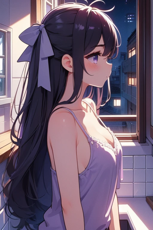 (((masterpiece))),  (((best quality))), (((window views))), (((from side))), (((overlooking night alley))), ((purple camisole)), white tile walls, solo, 1girl, cleavage, big tits, collarbone, longhair,  ribbon, petite figure proportion, <lora:girllikewindowviews:1>