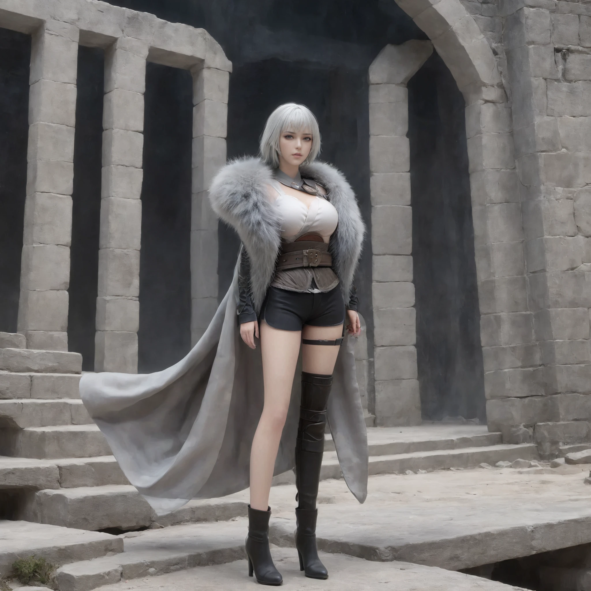 baiyuekui,solo,full body,gray fur cape,single thighhigh,thigh strap,asymmetrical legwear,black shorts,boots,black footwear,belt,high heels,
outdoors,War ruins,
narrow waist,wide hips,large breasts,white hair,short hair,
(photorealistic:1.4),(masterpiece,best quality,ultra_detailed,highres,absurdres:1.2),
<lora:neg4all_bdsqlsz_xl_V7:1.4>,<lora:baiyuekui_V5:0.7>,