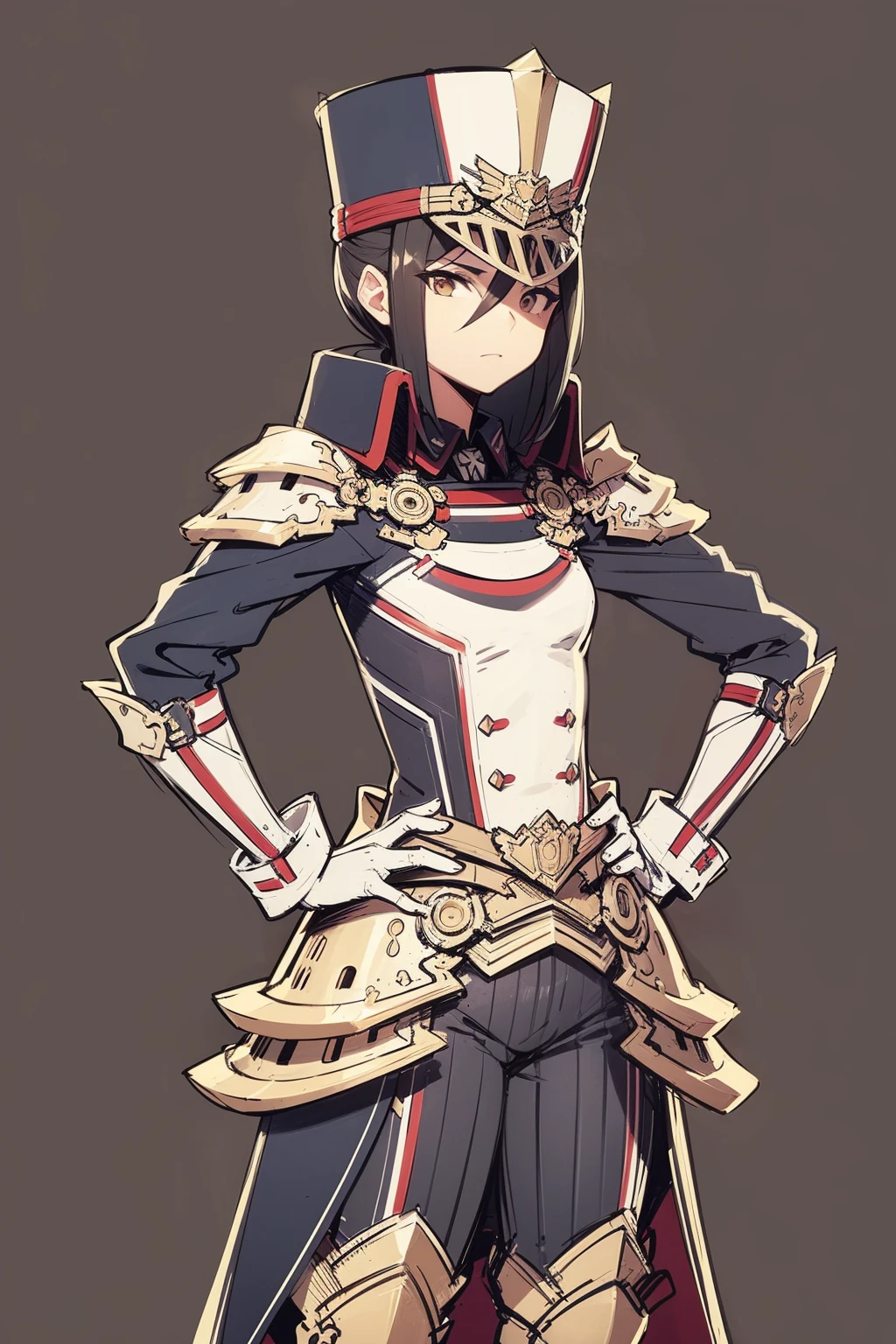 masterpiece, best quality, 1girl, morag, brown eyes, hat, military uniform, pauldron, armor, gloves, hands on hips, standing, solo, sketch, simple background  <lora:Morag:1>