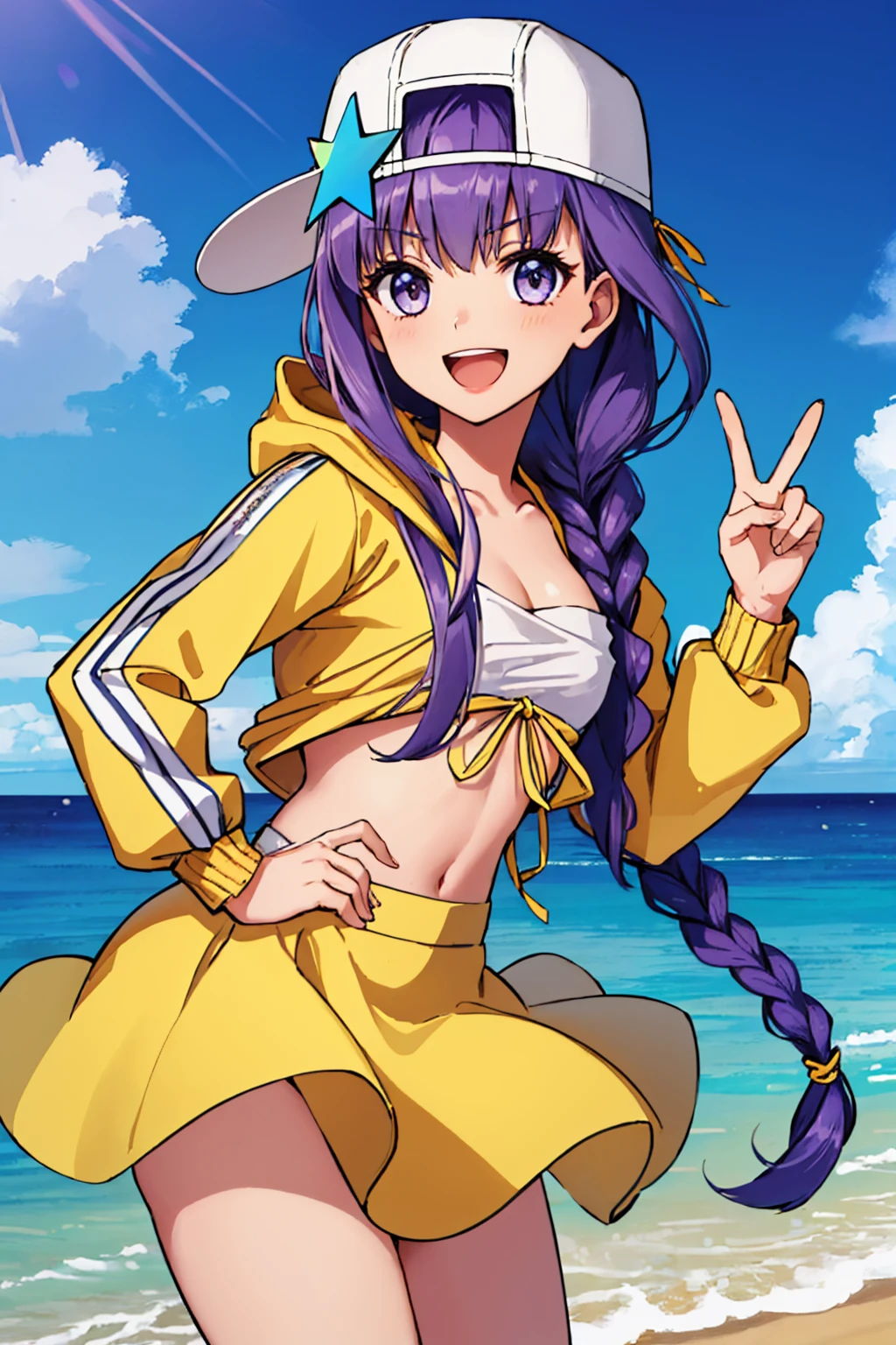 (masterpiece, best quality:1.2), solo, 1girl, bbswimst1, :d, looking at viewer, peace sign, single braid, baseball cap, backwards hat, star hat ornament, yellow jacket, long sleeves, bandeau, yellow skirt, beach <lora:fate_bb-10:1>