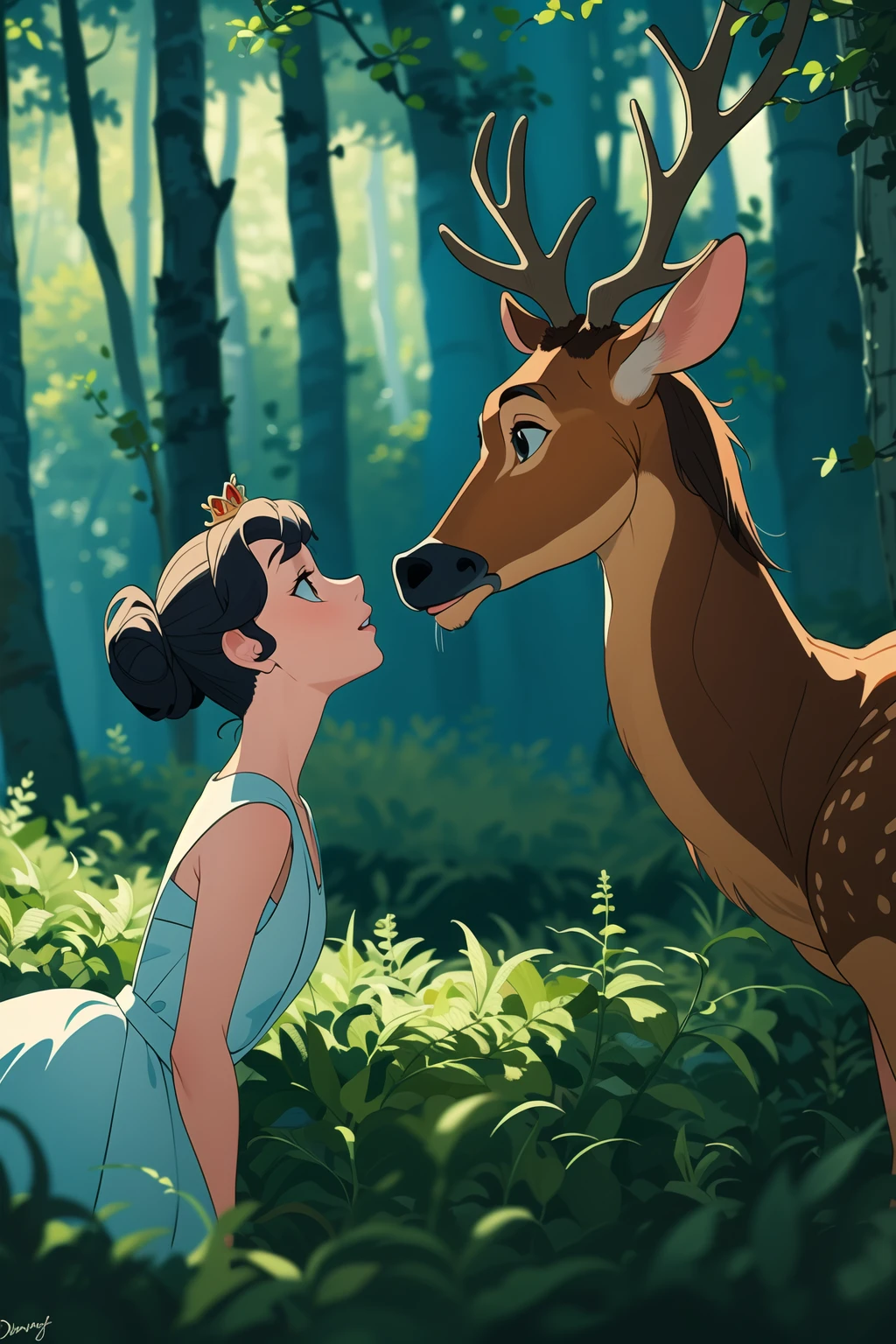 master piece, high quality, A princess and a deer in the forest, Disney style,animated film, cartoon