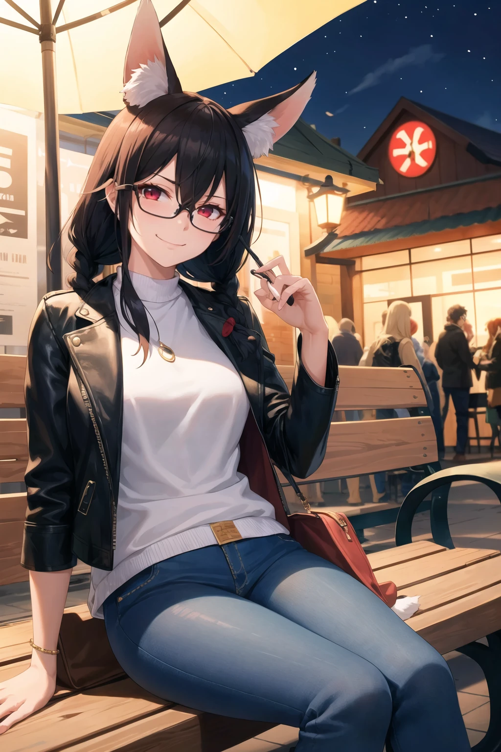 1girl, solo, sidelocks, twinbraids, (black hair), red eyes, smug, smirk, glasses, sitting, bench, partk, at night, long hair, white sweater, (leather jacket), (black jacket:1.2), fox girl, fox ears, fox tail, jeans, black tail, <lora:niliu-chahui-style-v1_450768:1>