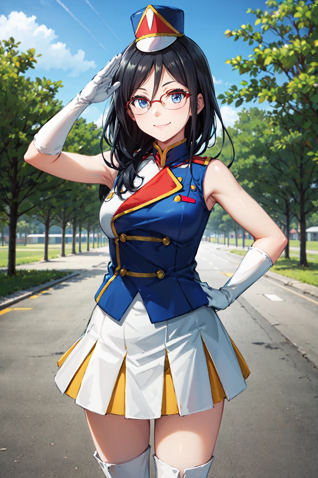 masterpiece,best quality,highres,ultra-detailed,shako cap,hat,ccasuka,long hair,glasses,red-framed eyewear,band uniform,shirt,sleeveless,white gloves,elbow gloves,skirt,white skirt,boots,white footwear,<lora:tanaka_asuka:0.8>,outdoors,standing,:smile,cowboy shot,salute,