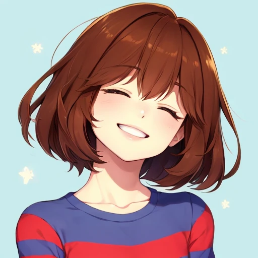 <lora:Frisk_Undertale:1>, frisk undertale, brown hair, short hair, closed eyes, striped shirt, smiling