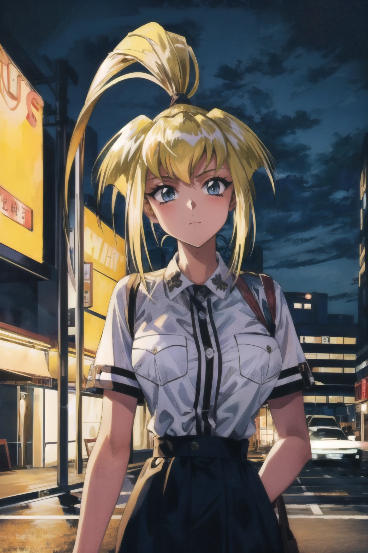 masterpiece, best quality, 1girl, looking at viewer, ultra detailed, <lora:add_detail:0.5>, <lora:rio_FW:1> ,high ponytail, night, city, neon lights, city lights, traffic, street,