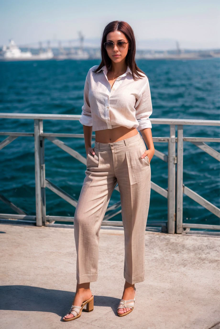 A full color portrait of a beautiful woman wearina a linen shirt and navy slacks, active harbor,sunglasses,epic character composition,by ilya kuvshinov, alessio albi, nina masic,sharp focus, subsurface scattering, f2, 35mm, film grain , latina <lora: Satinblo:1>