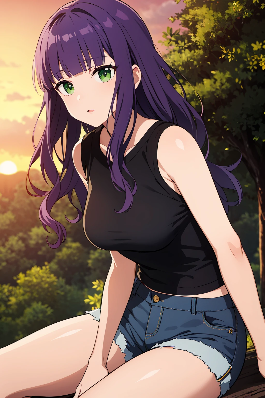 Original Character, Volumetric Lighting, Best Shadows, Shallow Depth of Field, Portrait Of Stunningly Beautiful Girl, Petite, Delicate Beautiful Attractive Face With Alluring Black Eyes, Sharp Eyebrows, Expressionless, Blush, Closed Mouth, Lovely large Breasts, Soaking Wet Clothes And Hair, See-Through Tank Top, Open Navel, Straps Short Pants, Cloudy Rainy Sky, Standing At The Rural Village Bus Stop In The Pouring Rain, Village Gravel Road, Looking Up The Sky, Puddle Water, Rainy Foggy Rustic Scenery, (Highest Quality, Amazing Details:1.25), (Solo:1.3), Brilliant Colorful Paintings, purple hair, star shaped eyes, purple eyes, star pupils