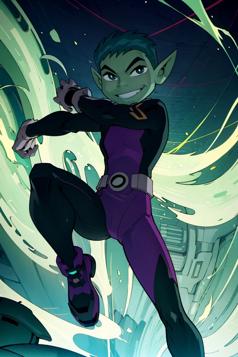 ((masterpiece,best quality)), absurdres, <lora:BeastBoy_TeenTitans:0.8>, BeastBoy_TeenTitans, 1boy, solo, green eyes, green hair, green skin, colored skin, pointy ears, purple bodysuit, solo, smiling, looking at viewer, dynamic pose