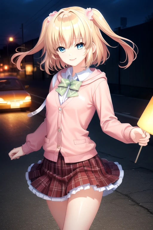 ((masterpiece)),(best quality),official art,extremely detailed CG,unity 8k wallpaper,ultra detailed,beautiful detailed eyes,extremely detailed face,1girl,solo,cowboy shot,looking at viewer,facing viewer,smile,Nagima Yumemi(skrk),blonde hair,long hair,shiny hair,twintails,hair flower,hair ornament,hair between eyes,bangs,blue eyes,school uniform,green bowtie,pink cardigan,hooded cardigan,hood down,open cardigan,dress shirt,white shirt,collared shirt,long sleeves,pleated skirt,plaid skirt,frilled skirt,black skirt,miniskirt,white socks,loafers,<lora:Nagima Yumemi(skrk)>,