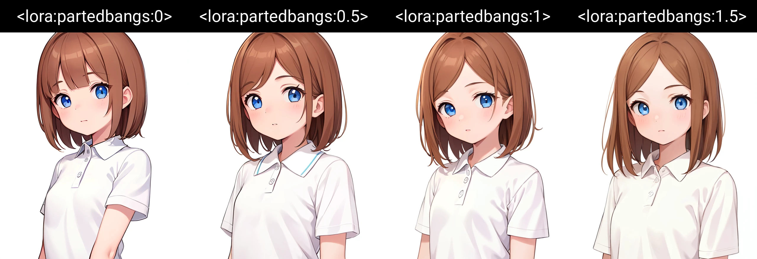 best quality, 1girl, collared shirt, short sleeves,  upper body, medium hair, brown hair, 
solo, parted bangs, blue eyes, white background, simple background, arms at sides, white shirt polo
<lora:partedbangs:0>