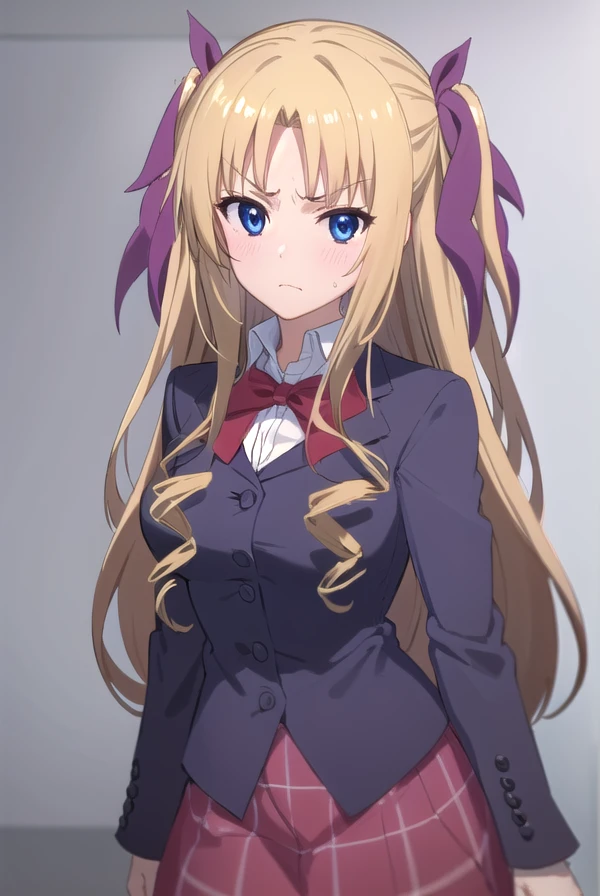 liliciatoudou, <lora:lilicia toudou s2-lora-nochekaiser:1>,
lilicia toudou, long hair, blue eyes, blonde hair, ribbon, hair ribbon, drill hair, angry, frown,
BREAK skirt, school uniform, plaid, plaid skirt, shirt, white shirt, collared shirt, jacket, long sleeves,
BREAK indoors, classroom,
BREAK looking at viewer, (cowboy shot:1.5),
BREAK <lyco:GoodHands-beta2:1>, (masterpiece:1.2), best quality, high resolution, unity 8k wallpaper, (illustration:0.8), (beautiful detailed eyes:1.6), extremely detailed face, perfect lighting, extremely detailed CG, (perfect hands, perfect anatomy),