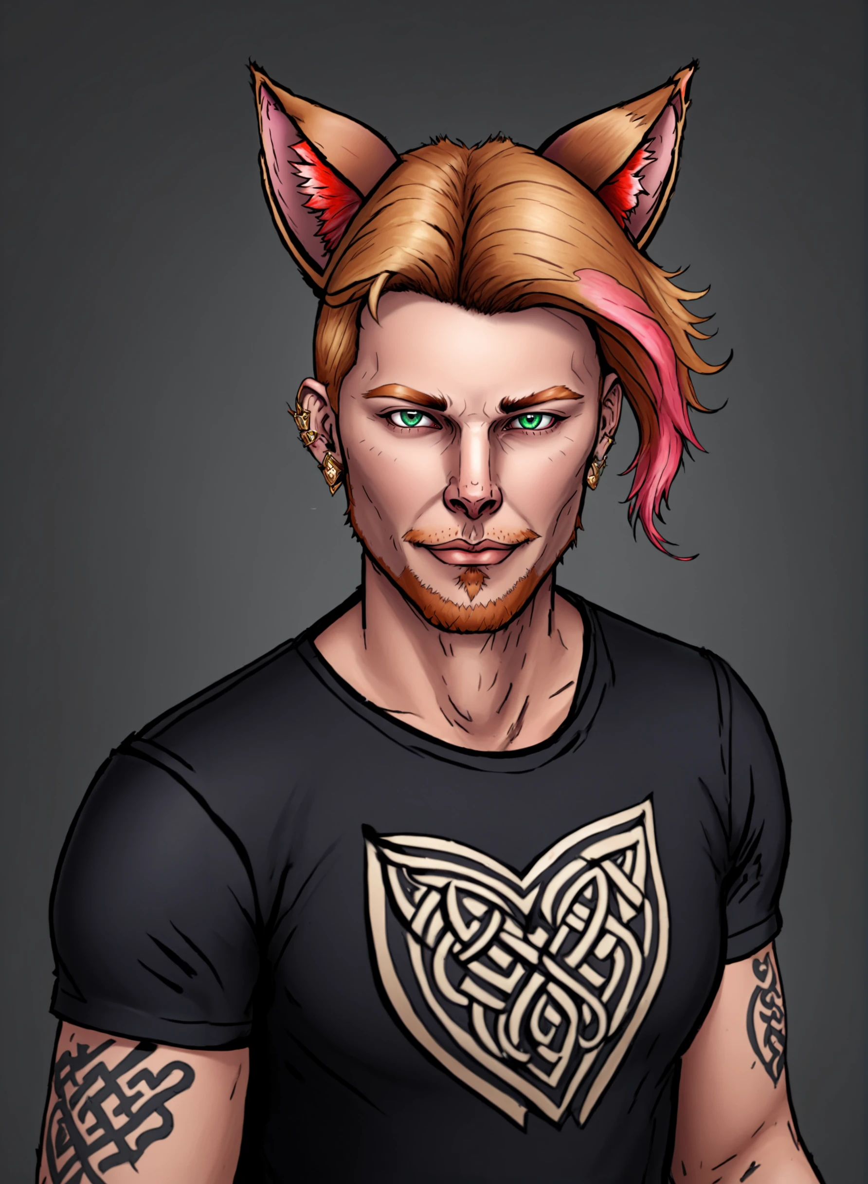 (masterpiece, best quality, ultra-detailed, highres, best illustration), perfect face, ((solo, solo focus)), sidelighting, lustrous skin, (bloom), (shine), ray tracing, Odin Nathaniel Ellis, celtic osenayan catboy, age mid 30s, tattoos, faux hawk, strawberry blonde hair, attractive male, cat ears, animal ears, animal ear fluff, beard, american, stubble, slender, slightly nerdy, very dad like, full body, a CANON EOS MARK IV, semi realistic, wide shot, 4 point perspective, vantage point, LUT like a